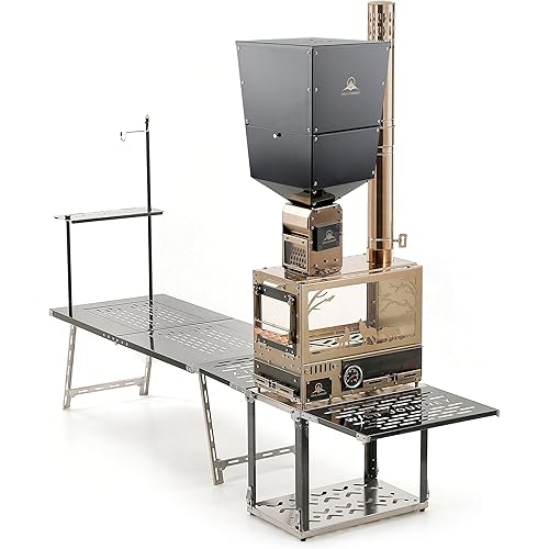 M8 Pellet Stove Pro with Pellet Burner/Oven/Base/Camping Table—Portable Stainless Steel IGT Hot Tent Stove, Includes 6 Chimney Pipes, Suitable for Outdoor Camping and Cooking