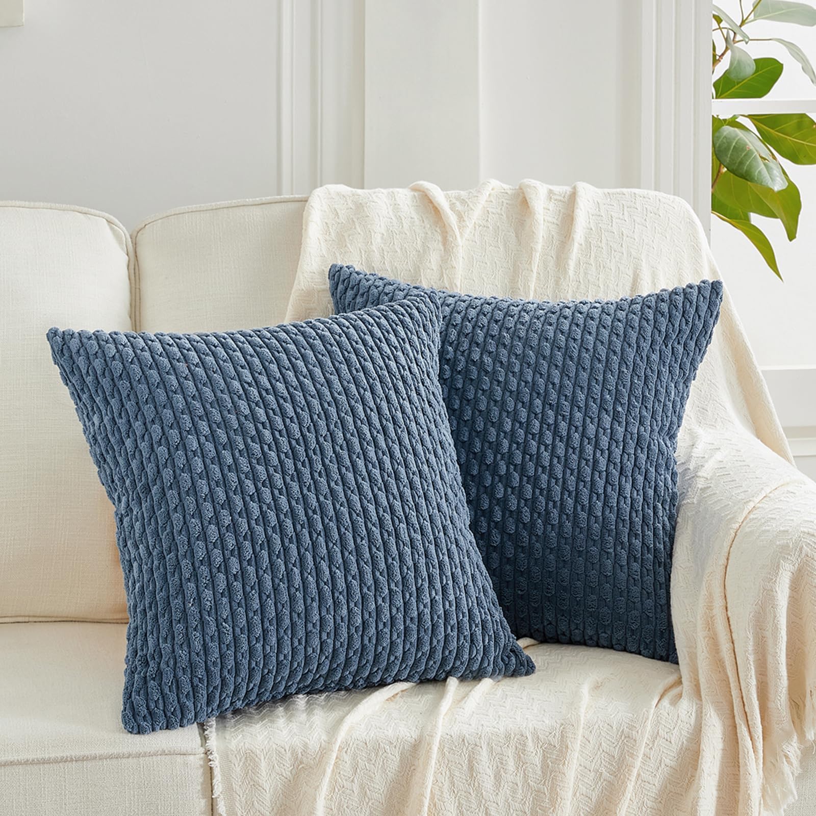 Fancy Homi 2 Packs Dusty Blue Decorative Throw Pillow Covers 24x24 Inch for Couch Bed Sofa, Modern Farmhouse Boho Home Decor, Soft Cute Plush Corduroy Cushion Case 60x60 CM