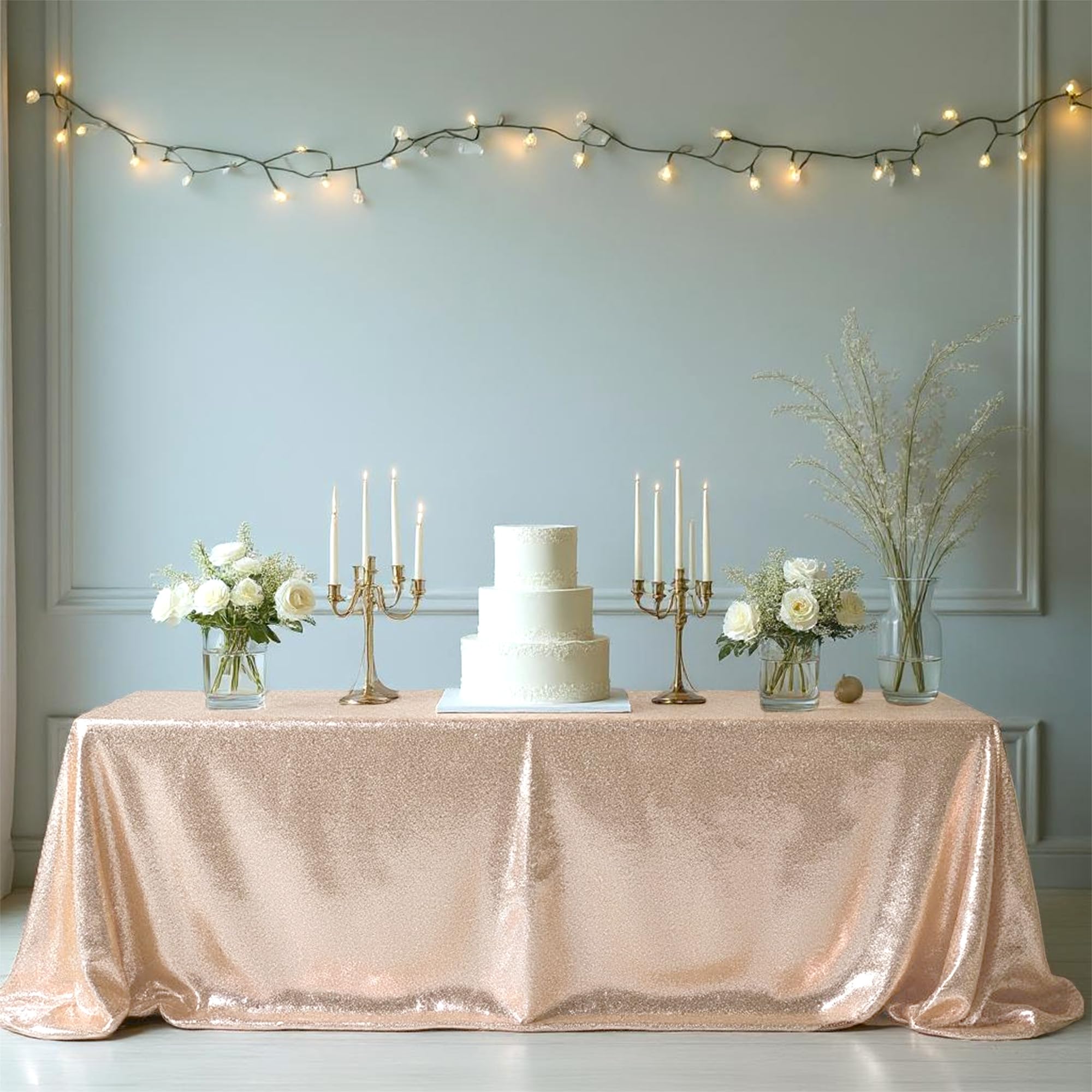 WedDecor Sequin Tablecloth 70" x 144" Rectangle Shiny Glitter Rose Gold Table Cover For Birthdays, Wedding, Banquets, Reception, Dining Party, Baby Shower, Table Decorations, Pack of 5