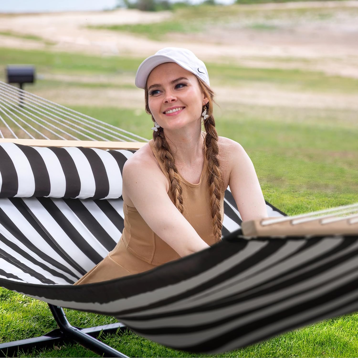 SUNCREAT Two Person Hammock with 12ft Stand Included, Max 475lbs Capacity, Heavy Duty Free Standing Hammock, Black Stripes Black & White 12 ft Stand