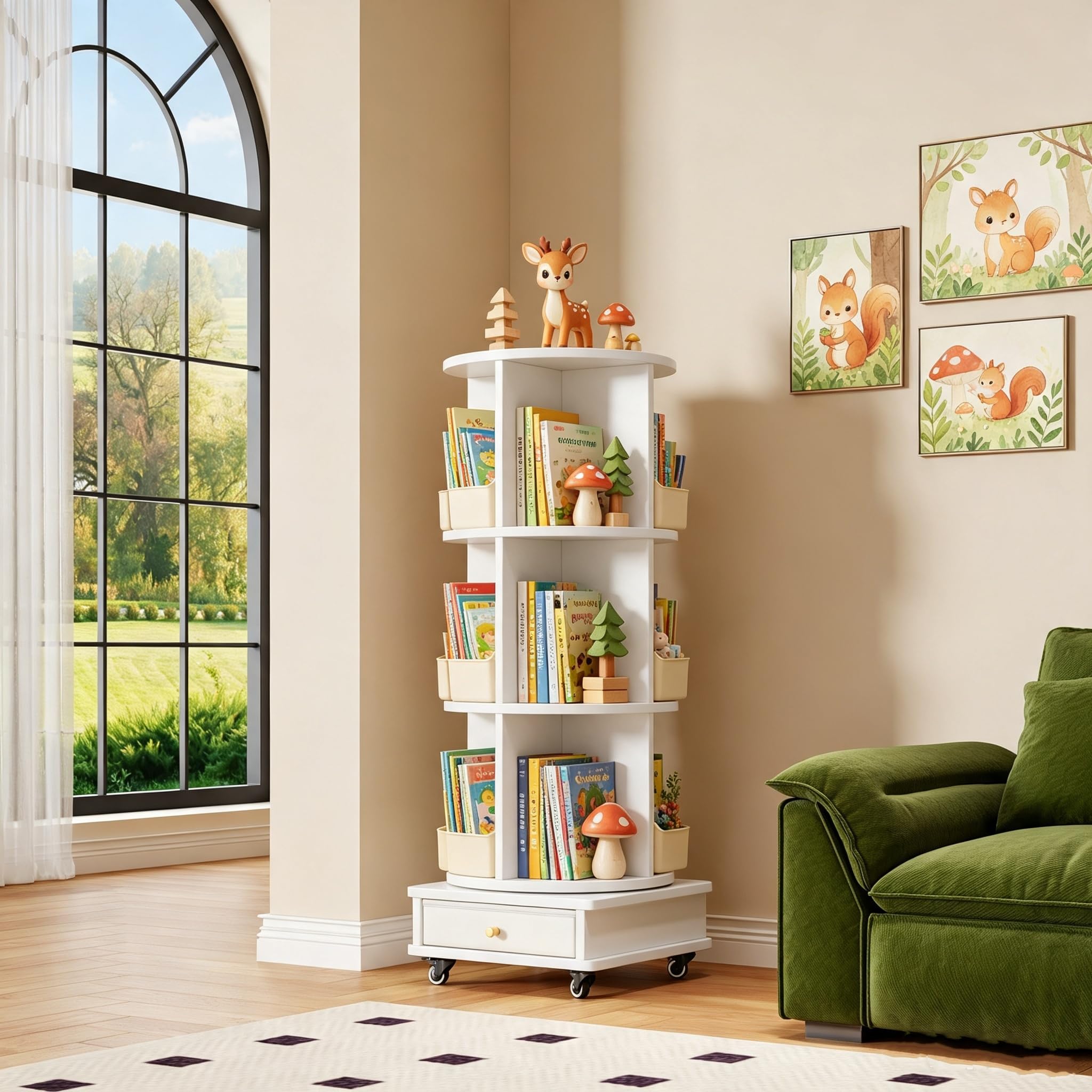 Librerías giratoria de 3 estantes, Librerías rotación de 360°, estantería Multifuncional 1 cajón para salón, Dormitorio, Estudio, Oficina, Blanco