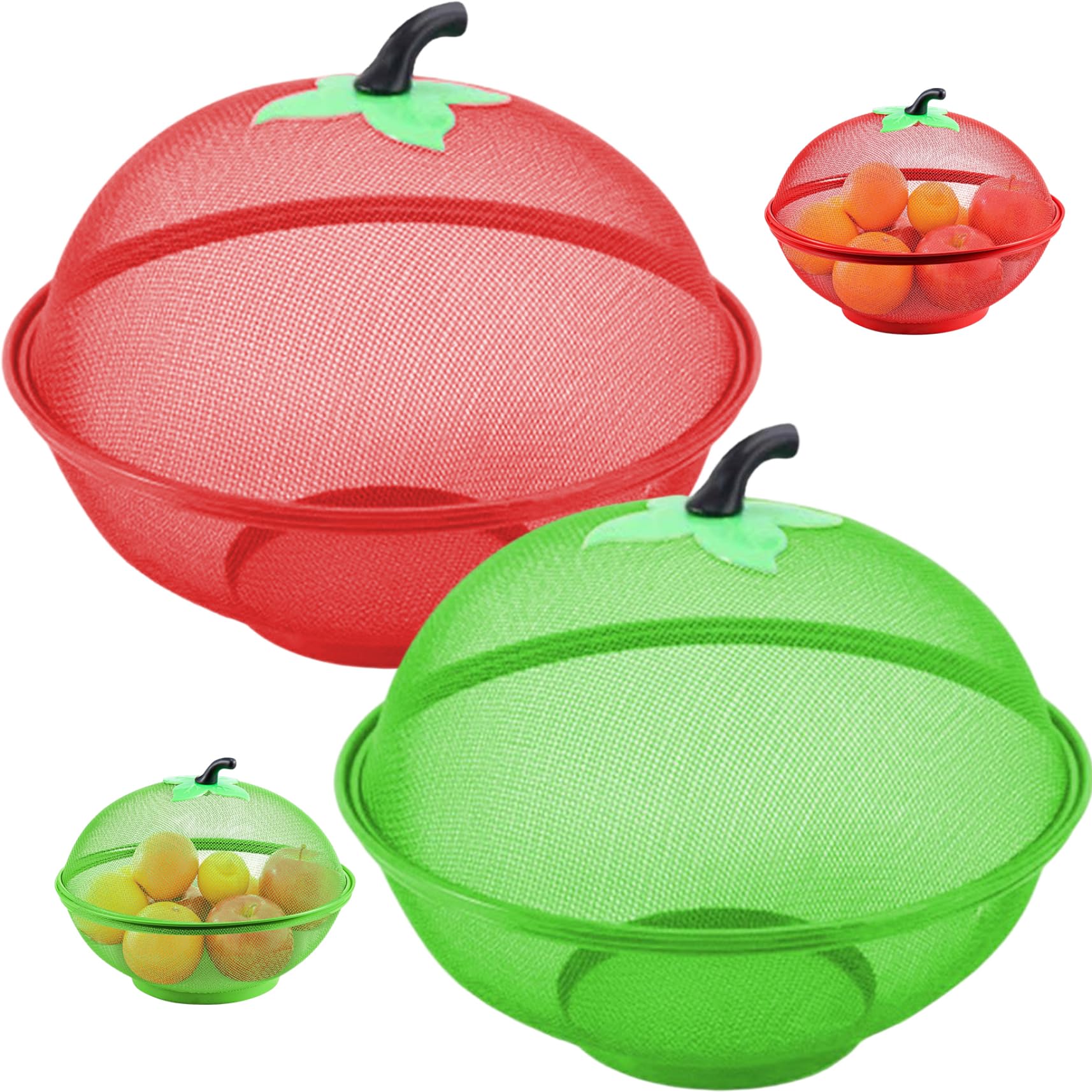 Ciotola per frutta, cesto per frutta in rete da 2 pezzi con coperchio Ciotola in metallo da 11 pollici con manico carino e contenitore coperto a prova di mosca con fondo rialzato per cucina, cestino