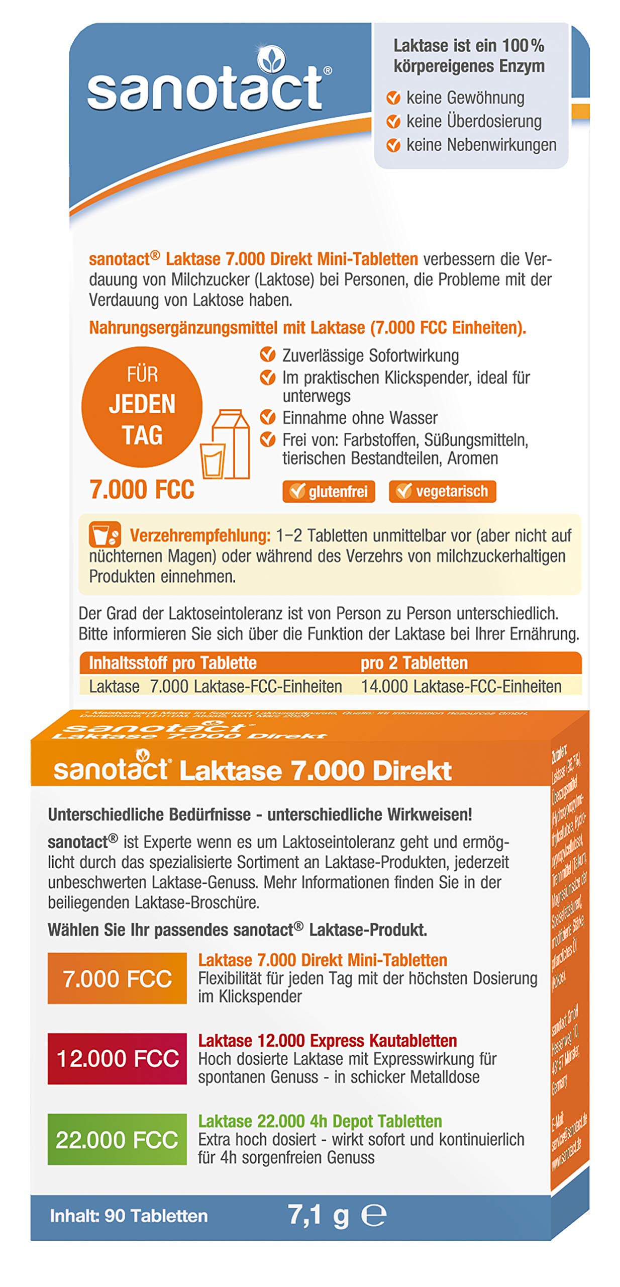 sanotact Laktase 7.000 Direkt • 90 Mini-Laktose Tabletten mit Sofortwirkung + hochdosiert • Bei Laktoseintoleranz + Milchunverträglichkeit… – Ansicht 2