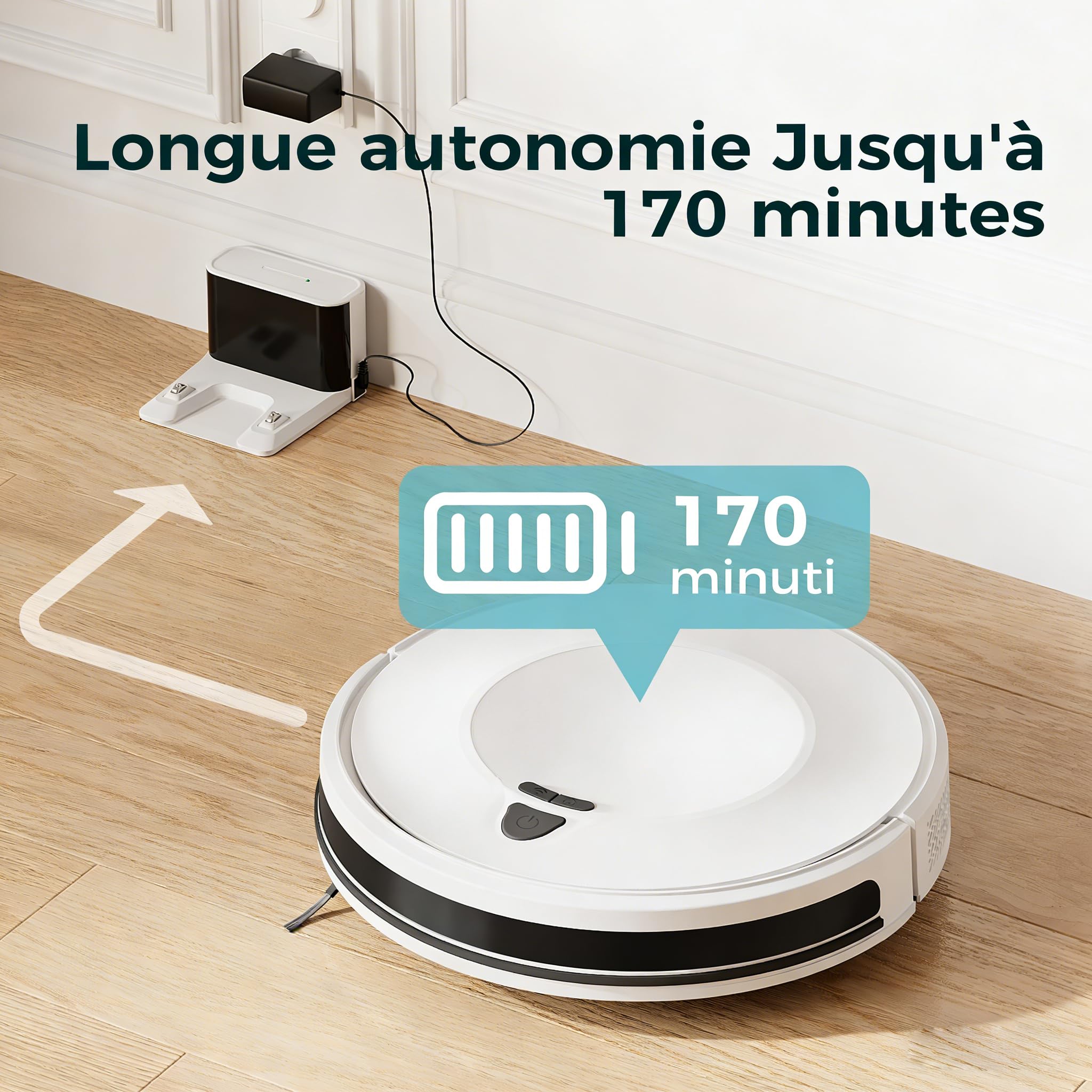 Redkey E6 Aspirateur Robot, Robot Aspirateur avec 7000 Pa Puissance d’Aspiration, Jusqu’à 170 Min Autonomie, avec Station de Charge, Télécommande et APP, Idéal pour Poils d’Animaux, Tapis, Sols Durs