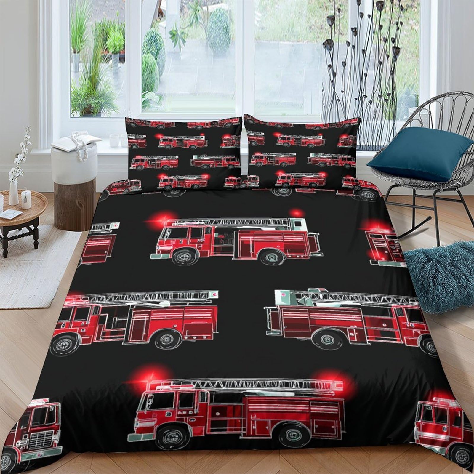 Ctjqhvkz Boys Style-9 3D Printed Fire Truck Fitted Sheet Microfiber Black Bed Cover For Bedroom Dorm Kids Teen Mattress Protector Single（135X200cm）