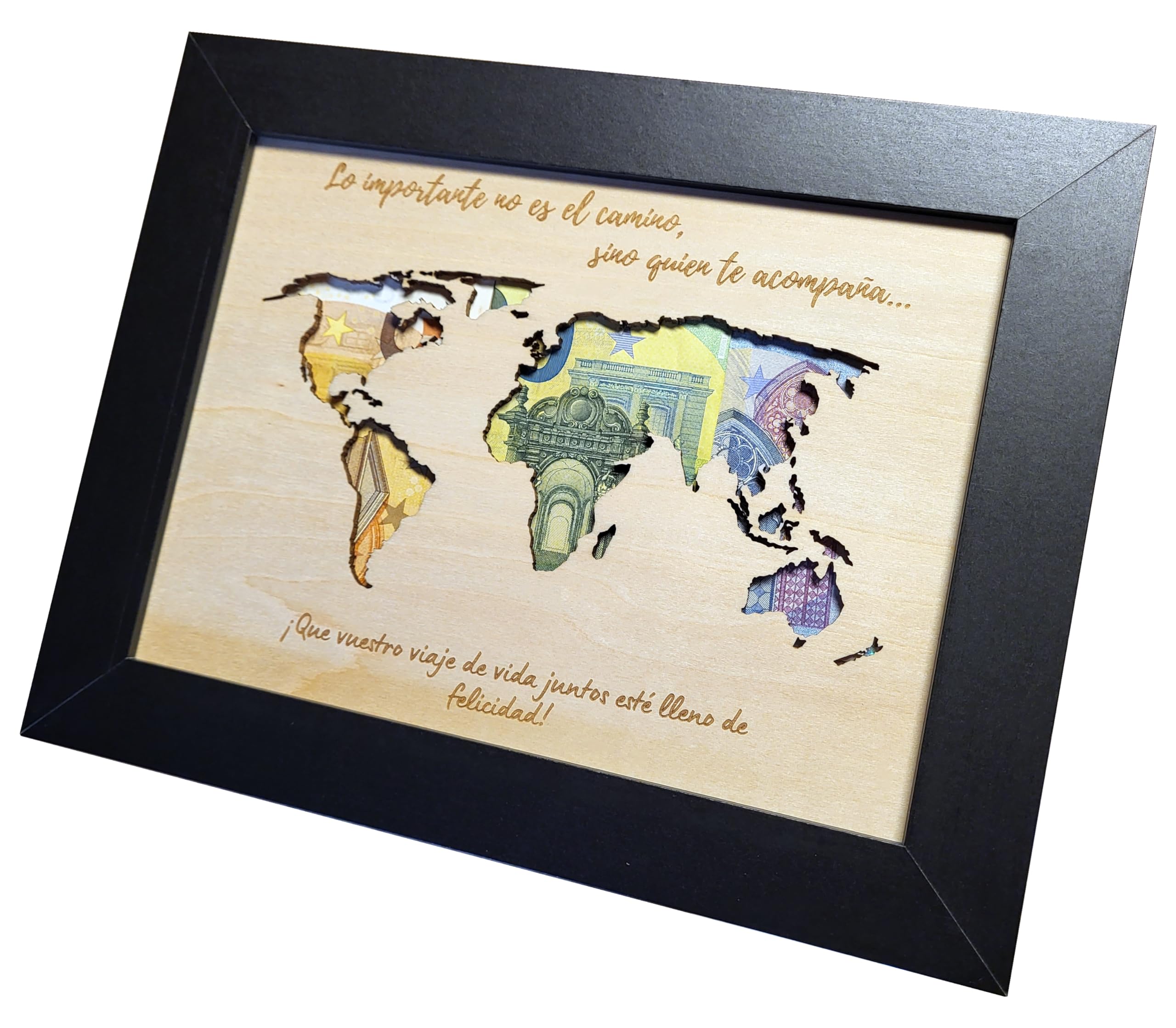 EQUIK PRODUCTS Regalo dinero boda | Regalo novios | Regalo pareja | Sobre para regalo dinero boda | Tarjeta felicitación y marco de madera | Regalo luna de miel | Regalo recién casados (mapa A5)