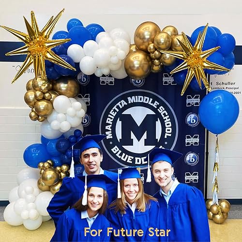 Miniatura 7 de Kit de arco de guirnalda de globos dorados de color azul rey 156 globos de aluminio de color azul dorado y blanco con globos grandes de papel de