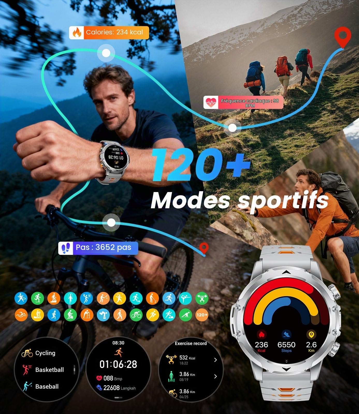 DREMAC Montre Connectée Homme avec 1,53 HD Écran/LED Lampe/1000mah Batterie,IP68 Étanche Smartwatch avec 100+ Modes Sportifs,24/7 Moniteur de Fréquence Cardiaque et Sommeil,pour Android iOS, Argent