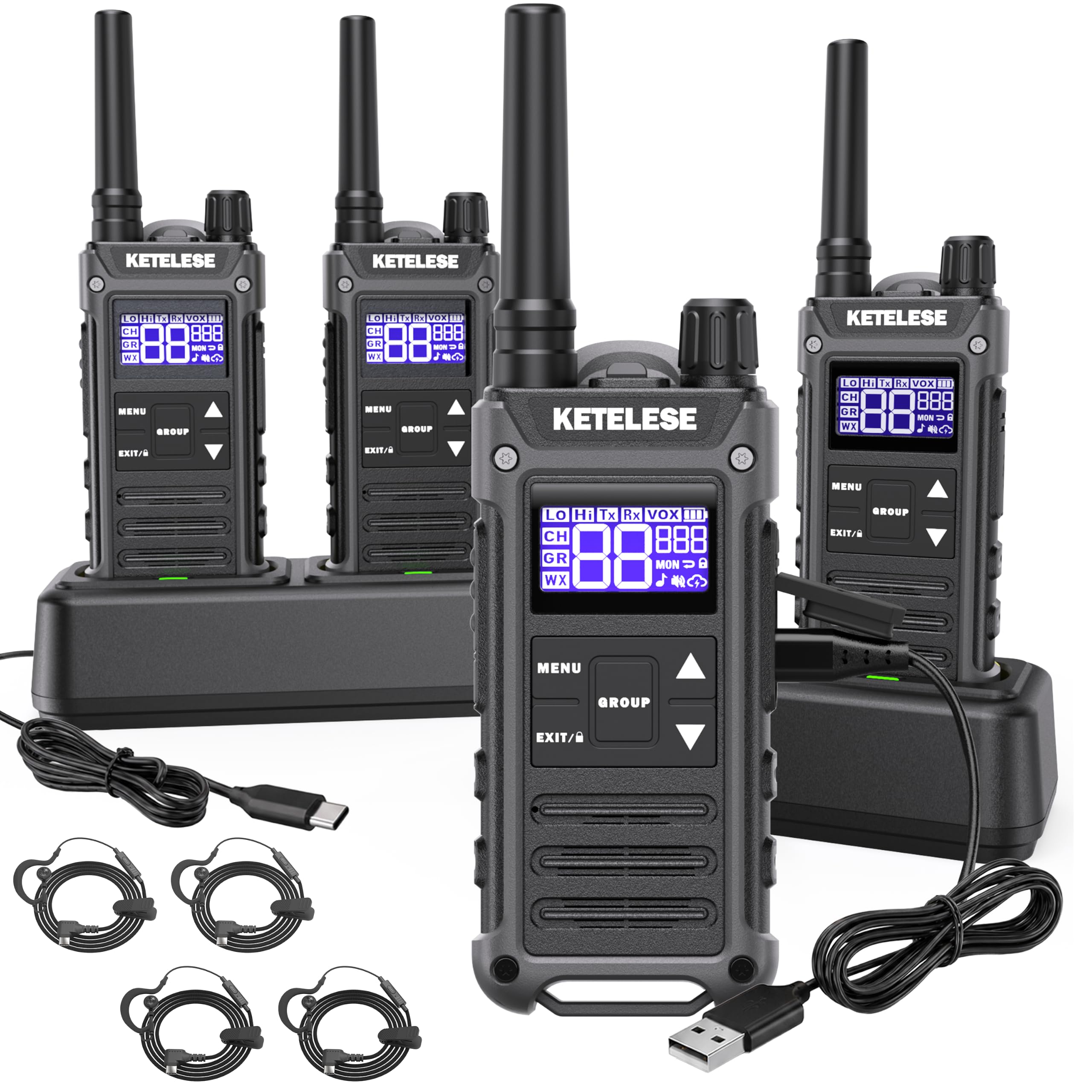 KETELESE T3G IP67 Waterproof Walkie Talkies Rechargeable, Heavy Duty 2 Way Radios with Earpiece and Mic, USB Charge Dock, NOAA Weather Alert, Group PTT (4 Pack), Black/Grey