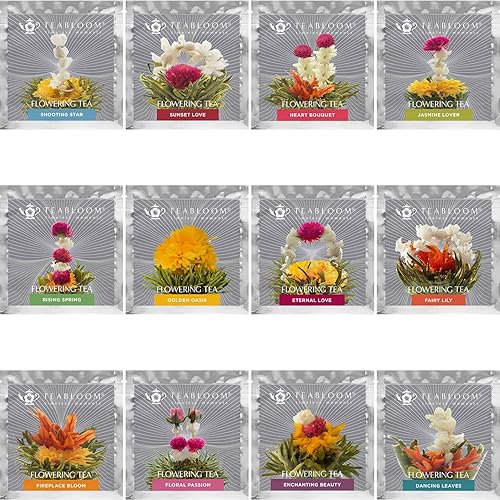 Miniatura 2 de Teabloom Té floreciente  12 variedades únicas de flores de té frescas  Hojas de té verde natural atadas a mano y flores comestibles  Paquete de 12