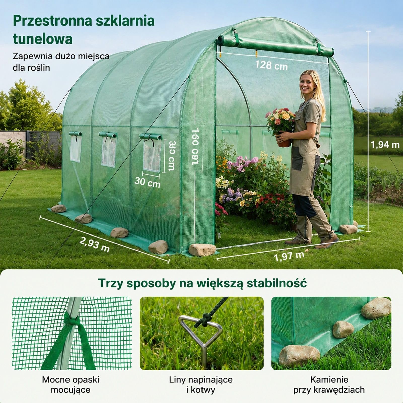 Tunelowa szklarnia wejściowa, ocynkowana stalowa rama, osłona PE, rolowane drzwi na suwak, 6 okien, system nawadniania, 4 mosiężne dysze, 3 tryby, uprawa zewnętrzna