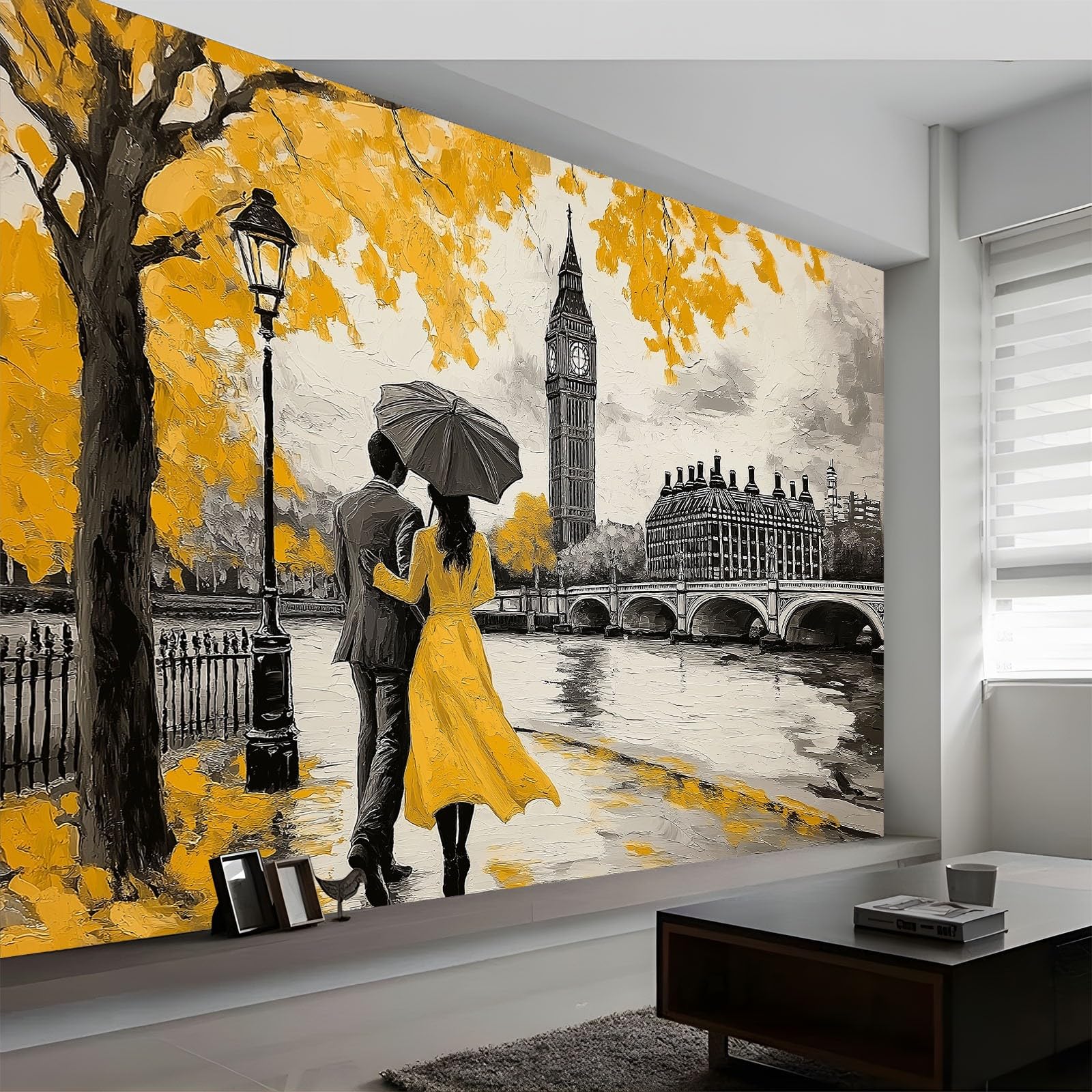Art Papel Tapiz Fotográfico Pintura Al Óleo Londres Amor Amarillo Papel Pintado no Tejido 400x280 cm Lana Decoración de Pared Sala Cuarto Póster Mural para Sala de estar Dormitorio Decoración, Gris