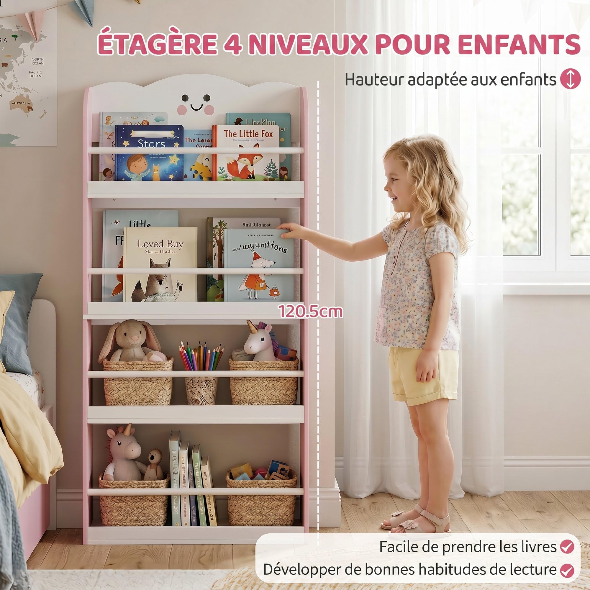 AIYAPLAY Bibliothèque Murale pour Enfant, Rangement Livre Enfant 4 Niveaux, Meuble de Rangement en thème Barbe à Papa, étagère Chambre Enfant pour Salle de Jeux, Chambre d'enfant, Rose