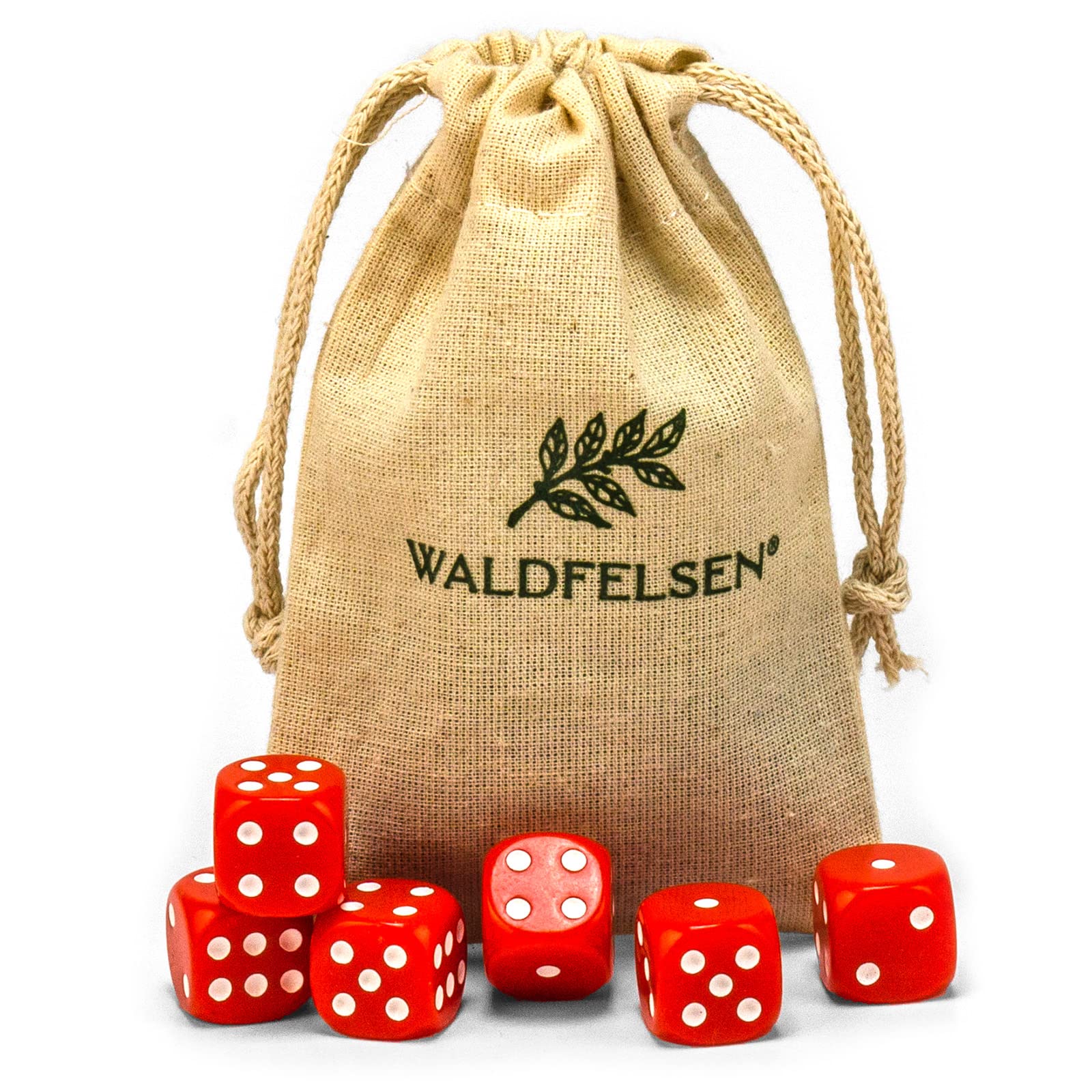 Waldfelsen® 6, 12, 20, 30 or 50 High Quality Dice Standard Size 16 mm Acrylic Cube Puzzle Play Cube Dice 6-Sided Six-Sided Play Accessory Set with Cloth Bag (Red, Pack of 6)