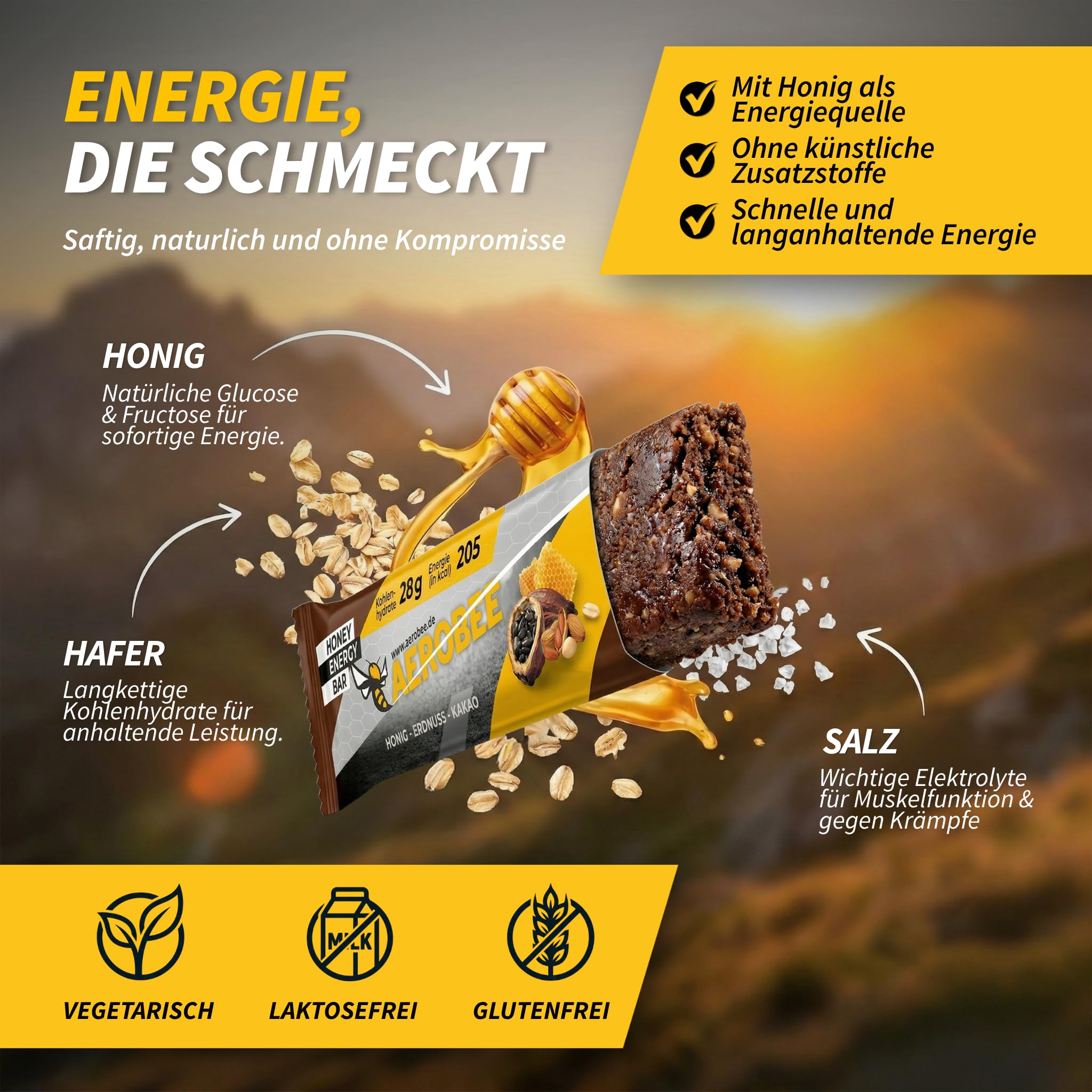 AEROBEE Energieriegel Probierpaket – 2x Honig, Erdnuss & Kakao + 2x Honig & Kaffee (12 mg Koffein) – Haferriegel ohne Zuckerzusatz – Natürlicher Powerriegel für Sport, Wandern & Büro – 4 x 50 g