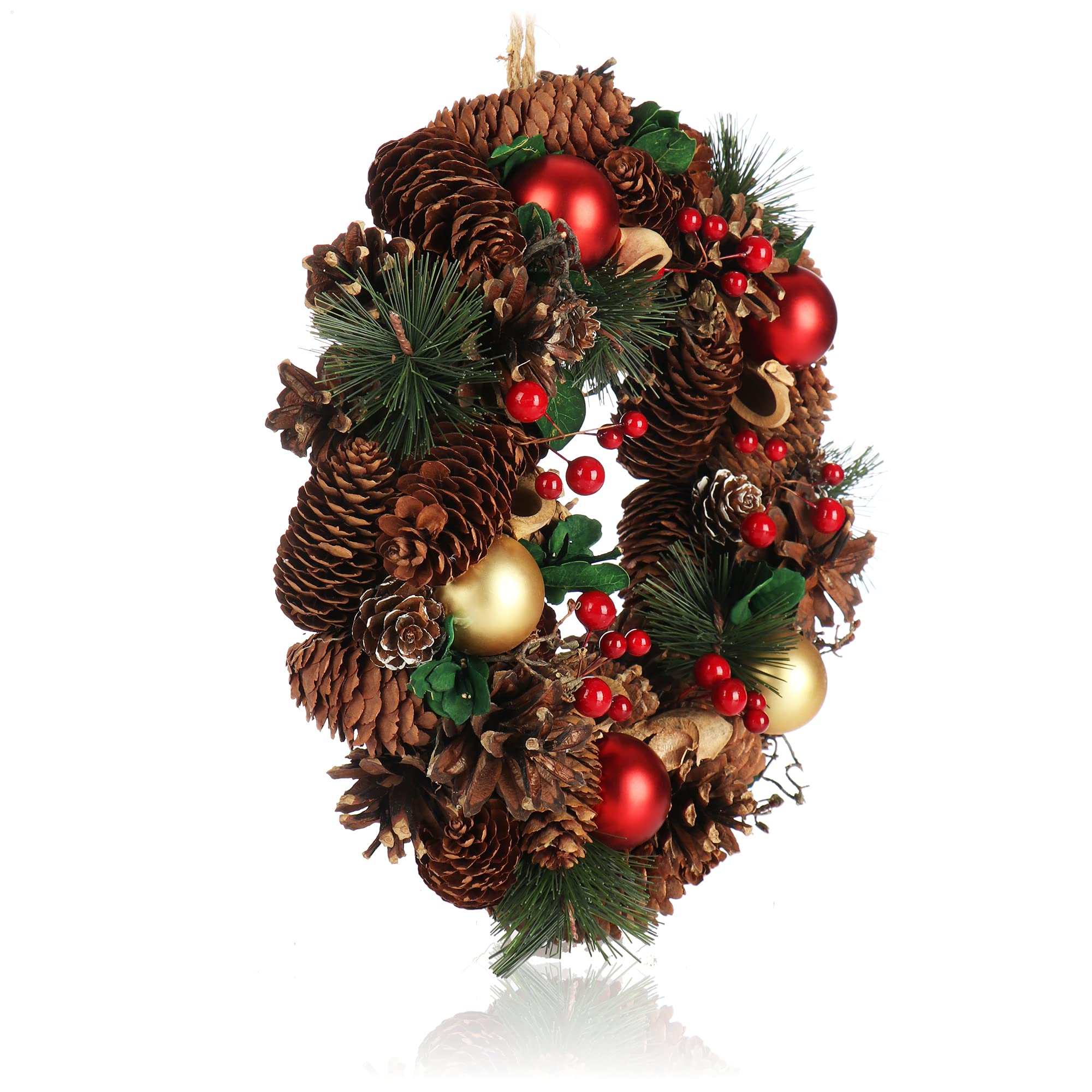 COM-FOUR® Ghirlanda natalizia per porta - Ghirlanda dell'Avvento con pigne e palline di Natale - Ghirlanda decorativa Ø ca. 30cm - Decorazione Natale (palline dorate + rosse)