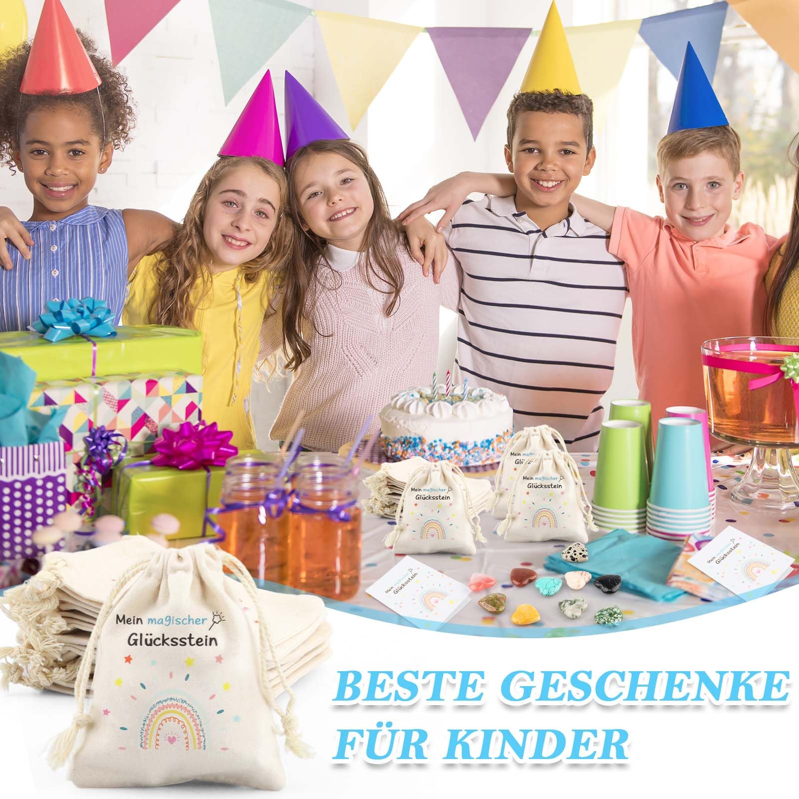 12er Glückssteine für Kinder, Kindergeburtstag Mitgebsel mit Edelsteine Jutesäckchen und Magische Steine Kärtchen, Give Away für Taufe Kommunion Hochzeit oder Wichtelgeschenk, Glücksbringer Kinder (C)