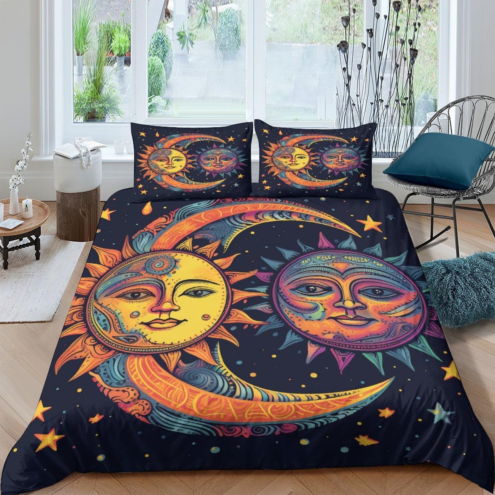 OPANZYYDE Sun, Moon, Stars Duvet Cover Sets 3 PCS Hotel Quality Quilt Cover Bedding Set Bed Covers with Pillowcases with Zipper Closure Ultra Soft Hypoallergenic Microfiber Double（200x200cm）