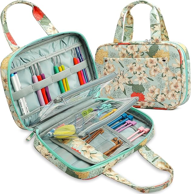 Coopay Knitting and Crochet Organiser, Crochet Tool Organiser Case Snazzy Needle Handbag With Vinyl Zipper Pockets, Interchangeable Circular Needles Case, Crochet Hooks Holder, DPNs Storage Bag