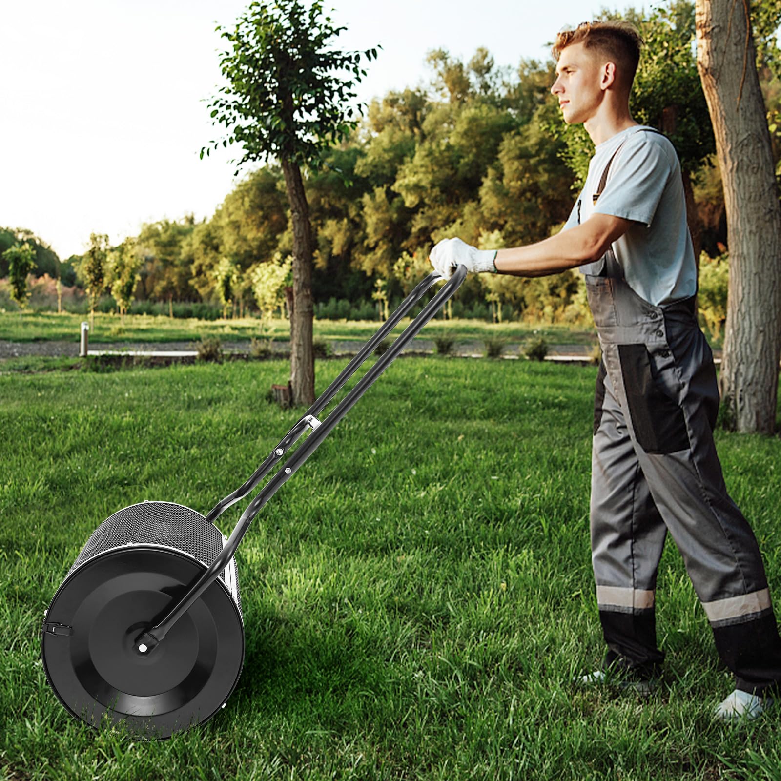 COSTWAY Spandiconcime a Rullo, Rullo da Giardino con Impugnatura Pratica Chiusure Laterali e Rete in Metallo per Concimazione e Semina, Spandiconcime per Prato e Giardino (41 x 60 cm Nero)