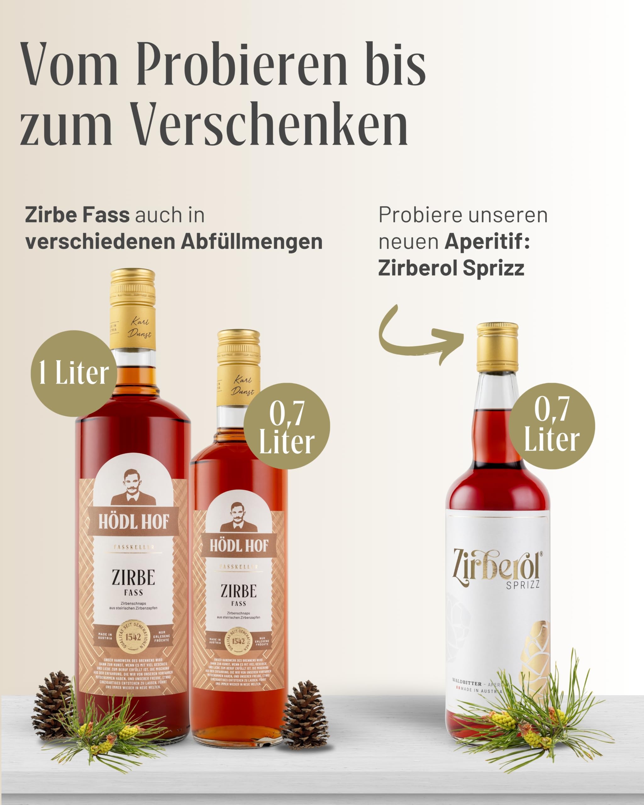 Hödl Hof Zirbe Fass 1,0L I Zirbenschnaps aus steirischen Zirbenzapfen I im Holzfass gelagert I Zirbenschnaps aus hochwertigen Zutaten I Feiner Zirbenlikör aus dem Eichenfass I Edle Spirituose 38% vol