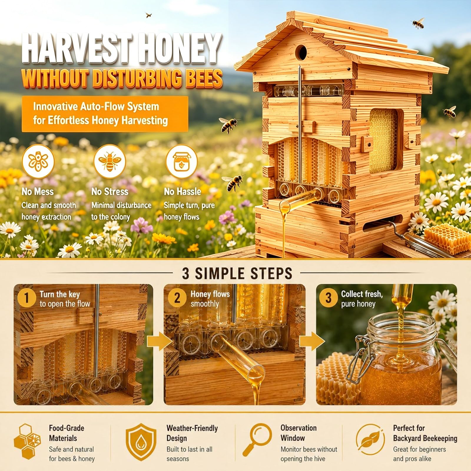 Kit Completo de Colmena de Abejas autofluyente, Modelo Mejorado, Incluye 4 Marcos y 6 bandejas de Panal. para Principiantes en Apicultura doméstica, con Ventana de observación