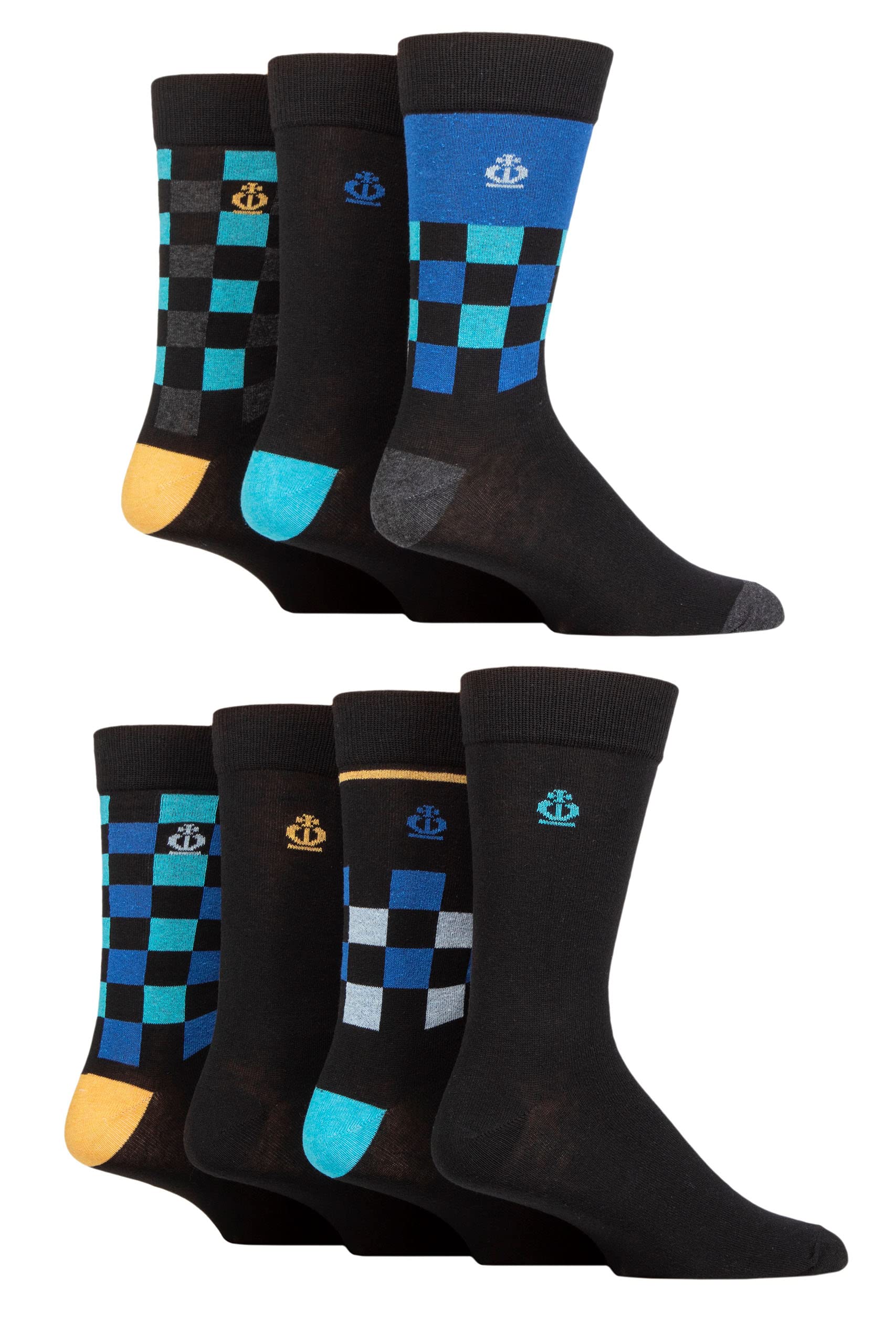 Jeff Banks Men's Checkered Black Recycled Cotton Patterned Socks Pack Of 7 7-11