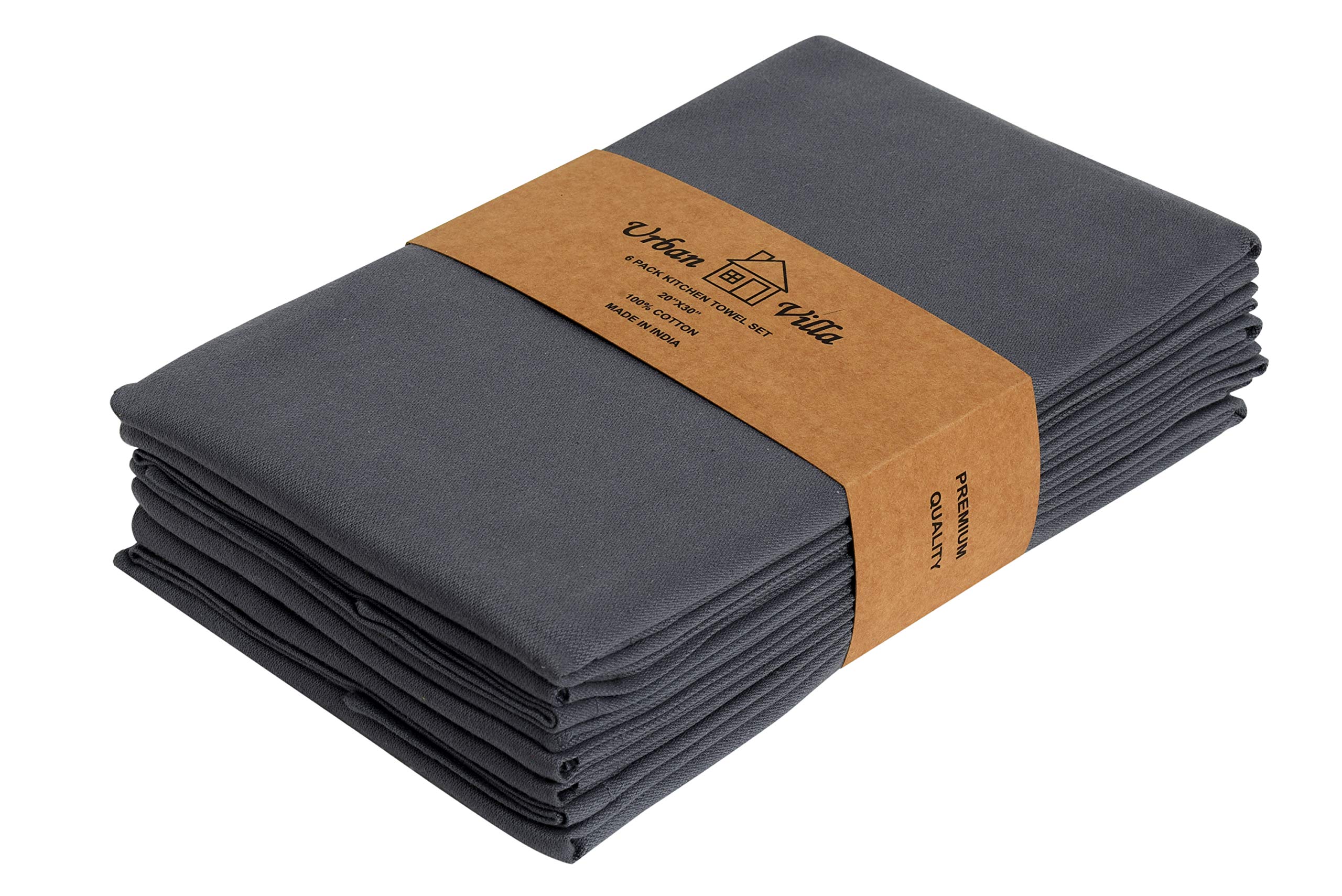 Urban Villa Premium Quality 100% Cotton Solid Kitchen Towels Set of 6 Ultra Soft Size 20x30 Inches Grey Color Highly Absorbent