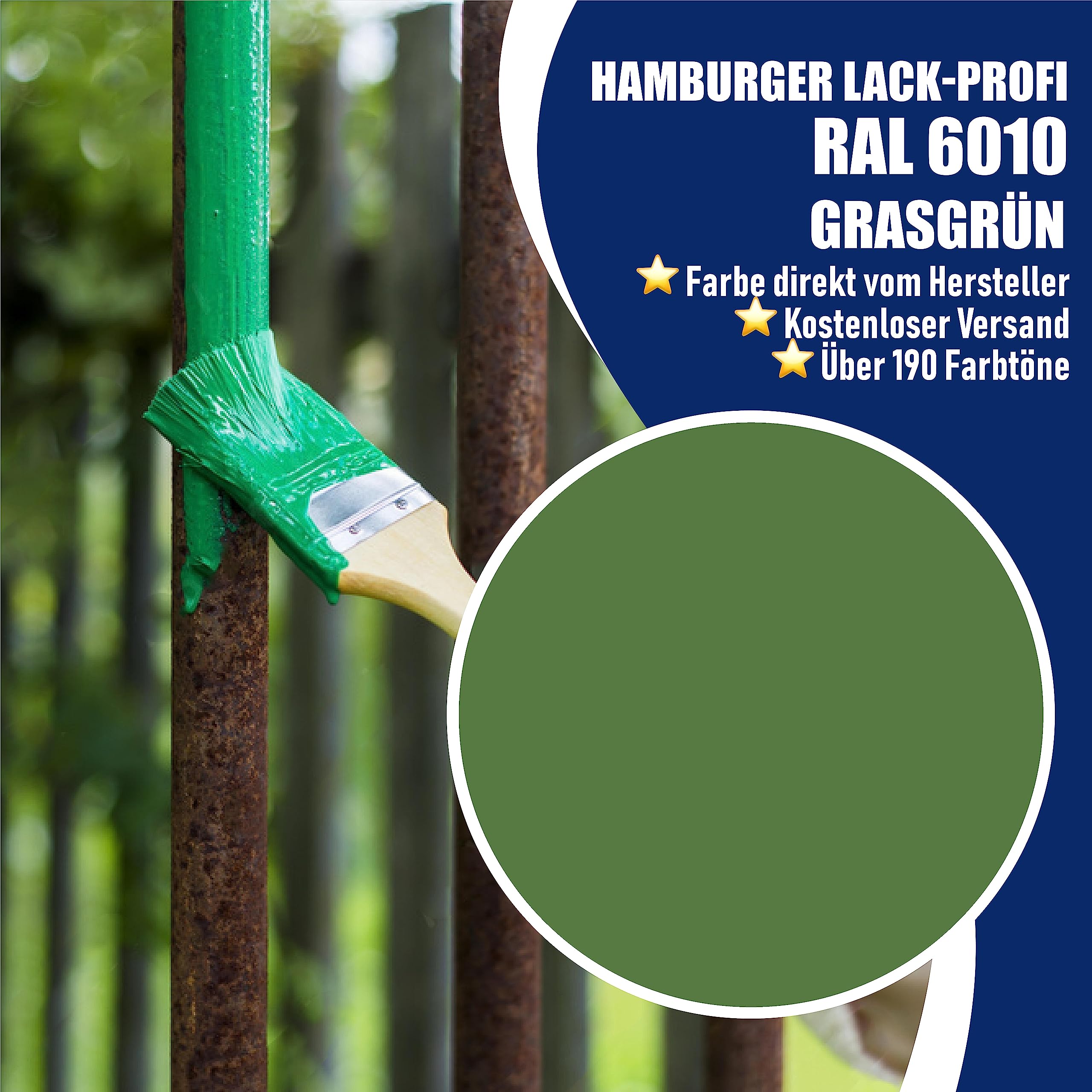 Metallschutzlack 3in1 SEIDENMATT Grasgrün RAL 6010 Grün Metallschutzfarbe 3-in-1 Grundierung, Rostschutz und Deckanstrich in Einem Metalllack Metallfarbe // Hamburger Lack-Profi (2,5 L)