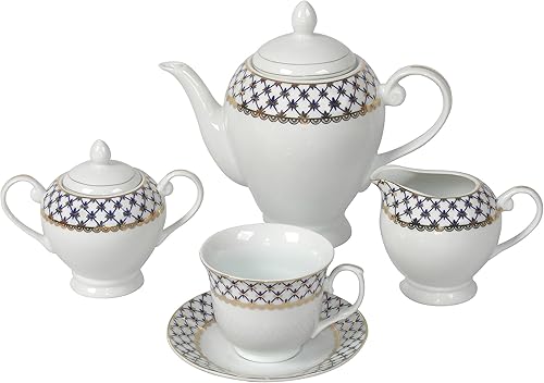 Miniatura 2 de Lorren Home Trends Juego de vajilla de porcelana de 57 piezas con borde de celosía azul cobalto, servicio para 8, dorado