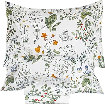Lady Ann 100% Cotton Floral Queen Size Sheet Sets - Yellow Flowers & Leave Plant Pattern Botanical Printed Flower Bed Sheets Deep Pockets Cotton Floral Bedding Extra Soft and Breathable 4pcs