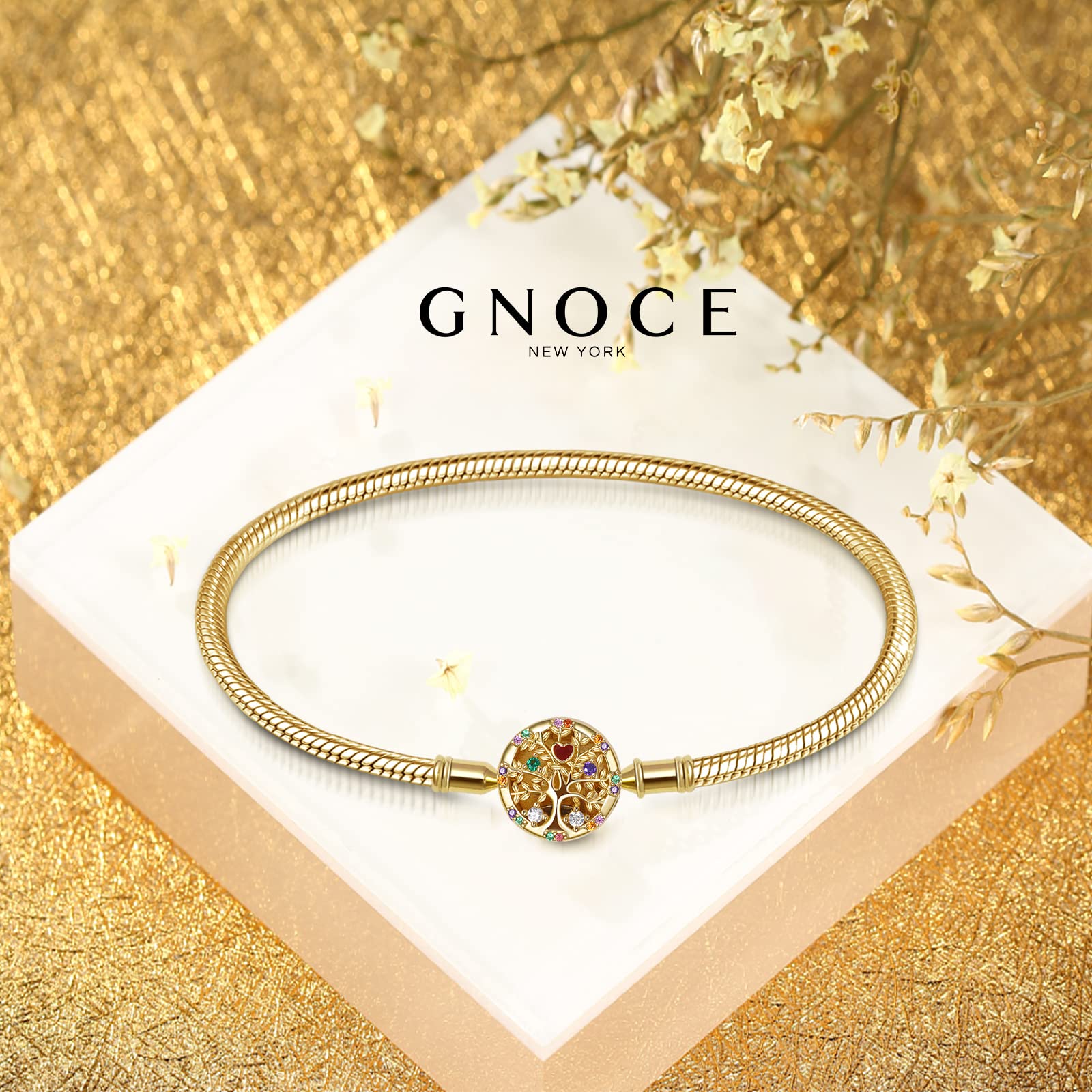 GNOCE Lebensbaum Armband aus 925 Sterling Silber 18K vergoldet mit bunten Steinen eingelegt Baum des Lebens Schmuck Freundschaft Geschenk mit Geschenkbox