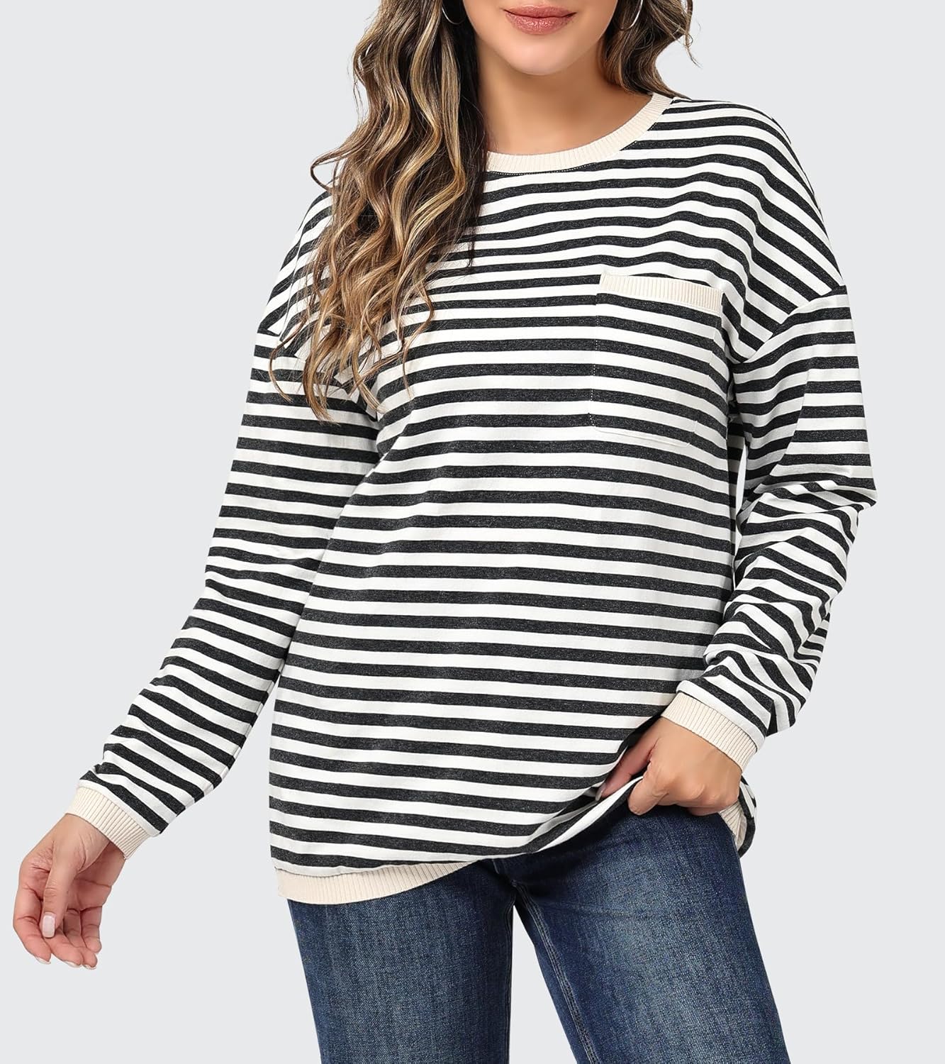 Women's Fall Long Sleeve Sweater Crew Neck Color-Block Striped Hoodie Knit Pullover Sweatshirt - Image 5
