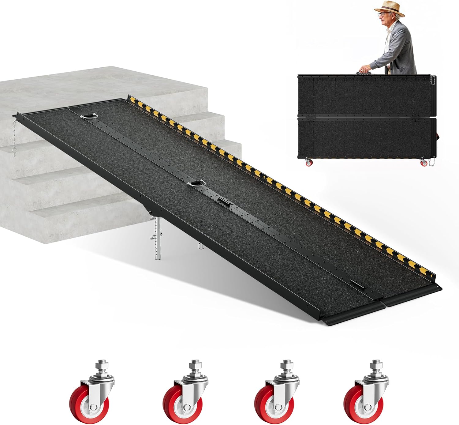 8 FT Portable Wheelchair Ramp-800LBS Heavy-Duty, High-Strength Aluminum Alloy with 4 Adjustable Legs, 4 Wheels, Triple Anti-Slip and Seamless Design, Ideal for Home Steps, Threshold, Doorways