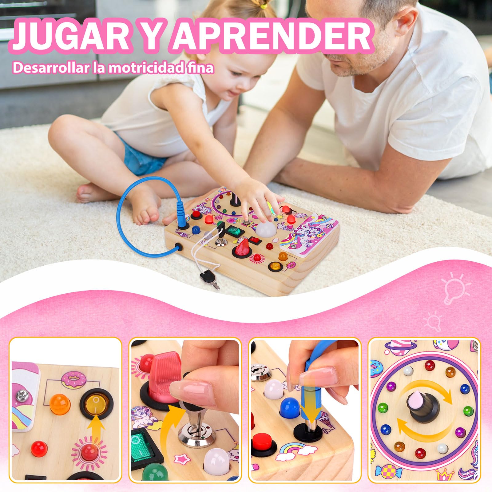 Juguetes Niños 1 año Montessori Unicorn Busy Board con 10 interruptores y 23 luces LED Juguete de Aprendizaje sensorial Juegos Niño 1 2 3 años Tablero de Actividades de Madera Regalo Niño Niña