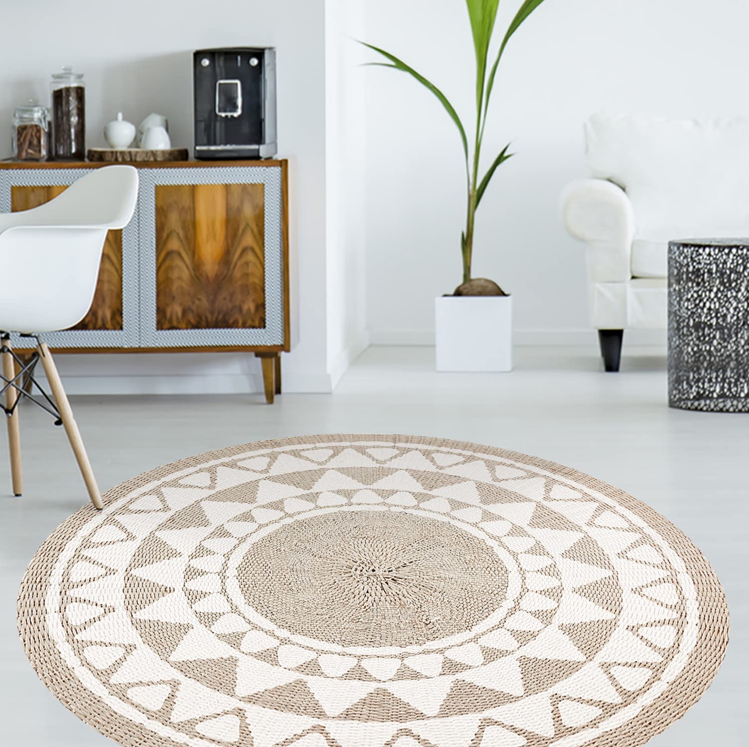 VINILIKO Design | Tapis Vinyle Rond Khamba rotin [diamètre] 150 cm - antidérapant, imperméable, Lavable - Plusieurs Tailles - Tapis Vinyle pour Salon, Cuisine