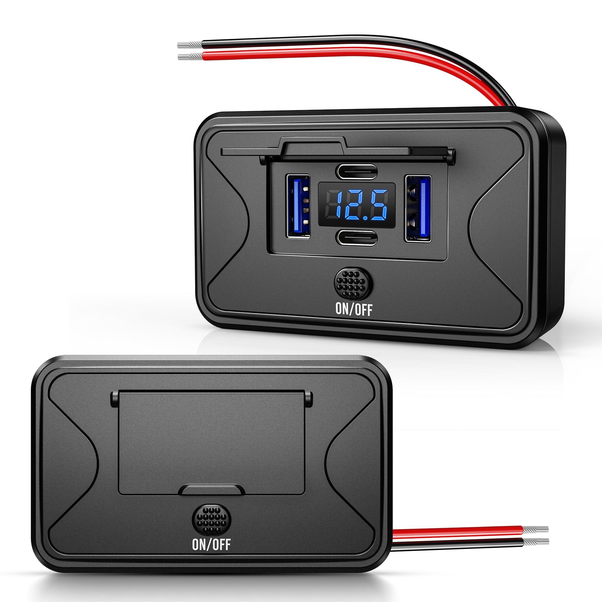 MICTUNING 2 unidades de enchufe USB de carga para coche, 12 V/24 V, Dual PD y Dual QC, cargador rápido USB para teléfono móvil, 78 W, resistente al agua, con interruptor de voltímetro LED, para coche