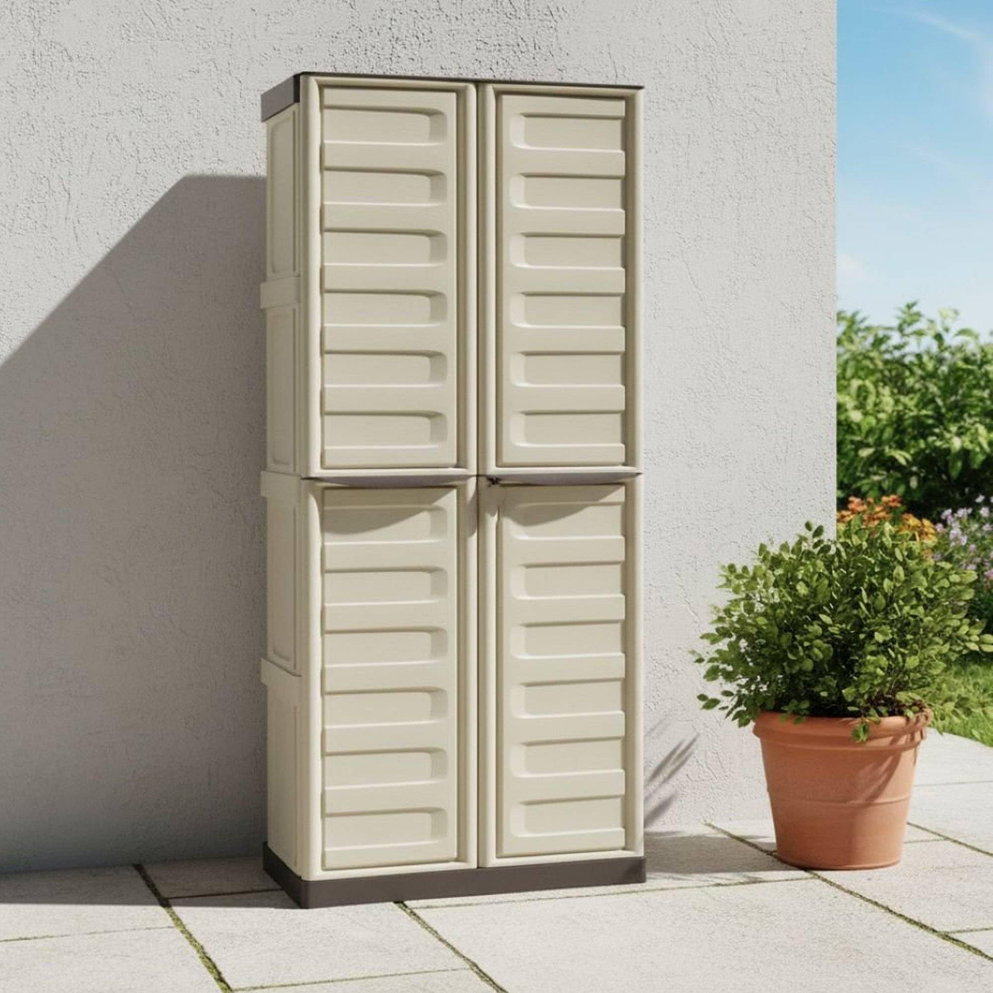 Dmora - Armoire d'extérieur Avelgem, armoire de balcon polyvalente, meuble à balais 2 portes, 100% Made in Italy, 70x47h178 cm, beige et marron, finition rayée