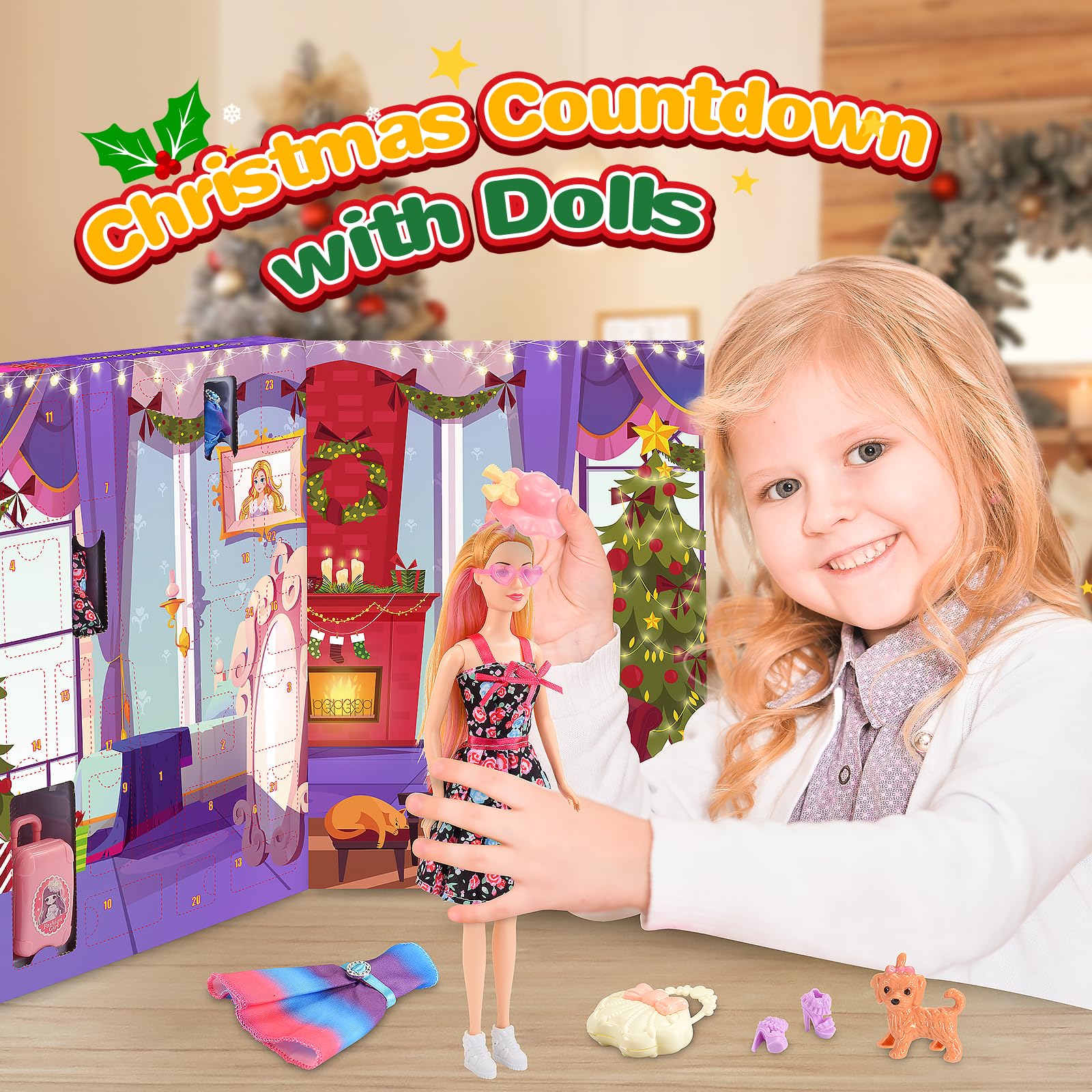 HappyGoLucky Calendario Avvento 2025, 24 Sorprese, con Bambole, Vestiti e Accessori - Giochi & Regalo Bambina 3 4 5 6 7 8 9 10 Anni Femmina- Regali Natale Bambini in Confezione