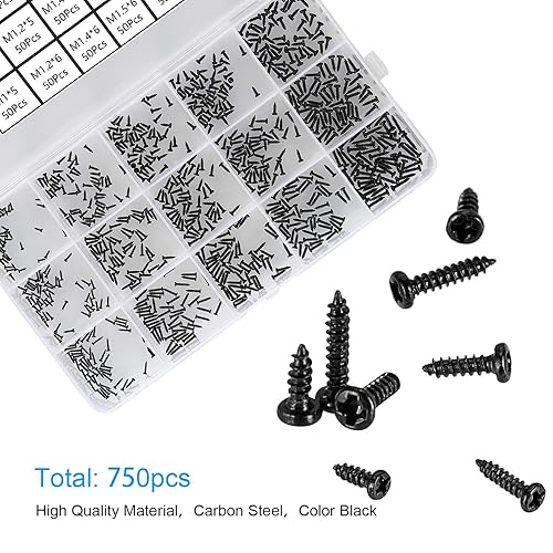 Miniatura 10 de HanTof 750 tornillos pequeños plateados para electrónica, M1, M1.2, M1.4, M1.5, M1.7 muy pequeños Phillips Pan Head Autorroscantes, Micro tornillos