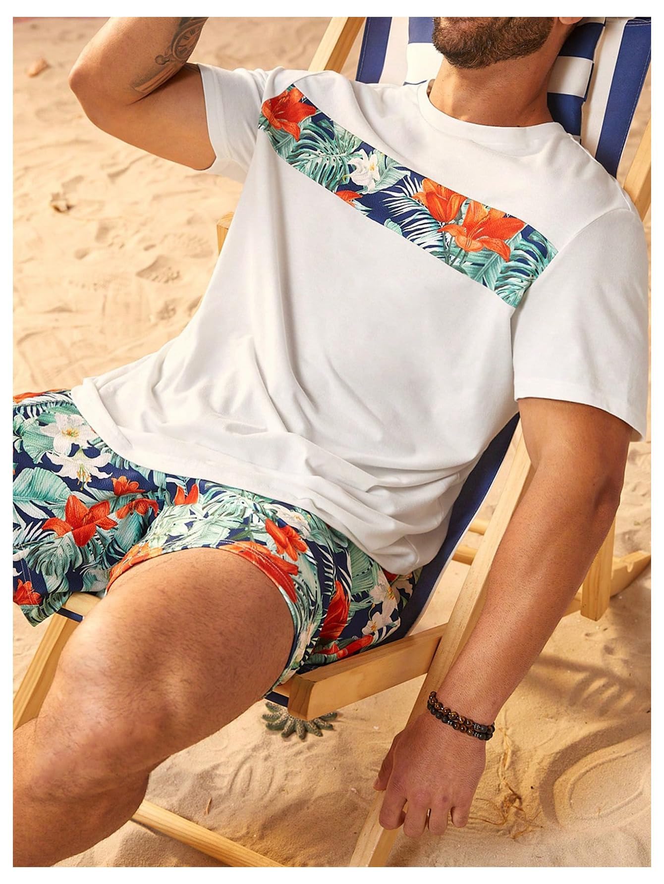 Floerns Conjunto de 2 piezas para hombre, camiseta con estampado de árbol y pantalones cortos de playa