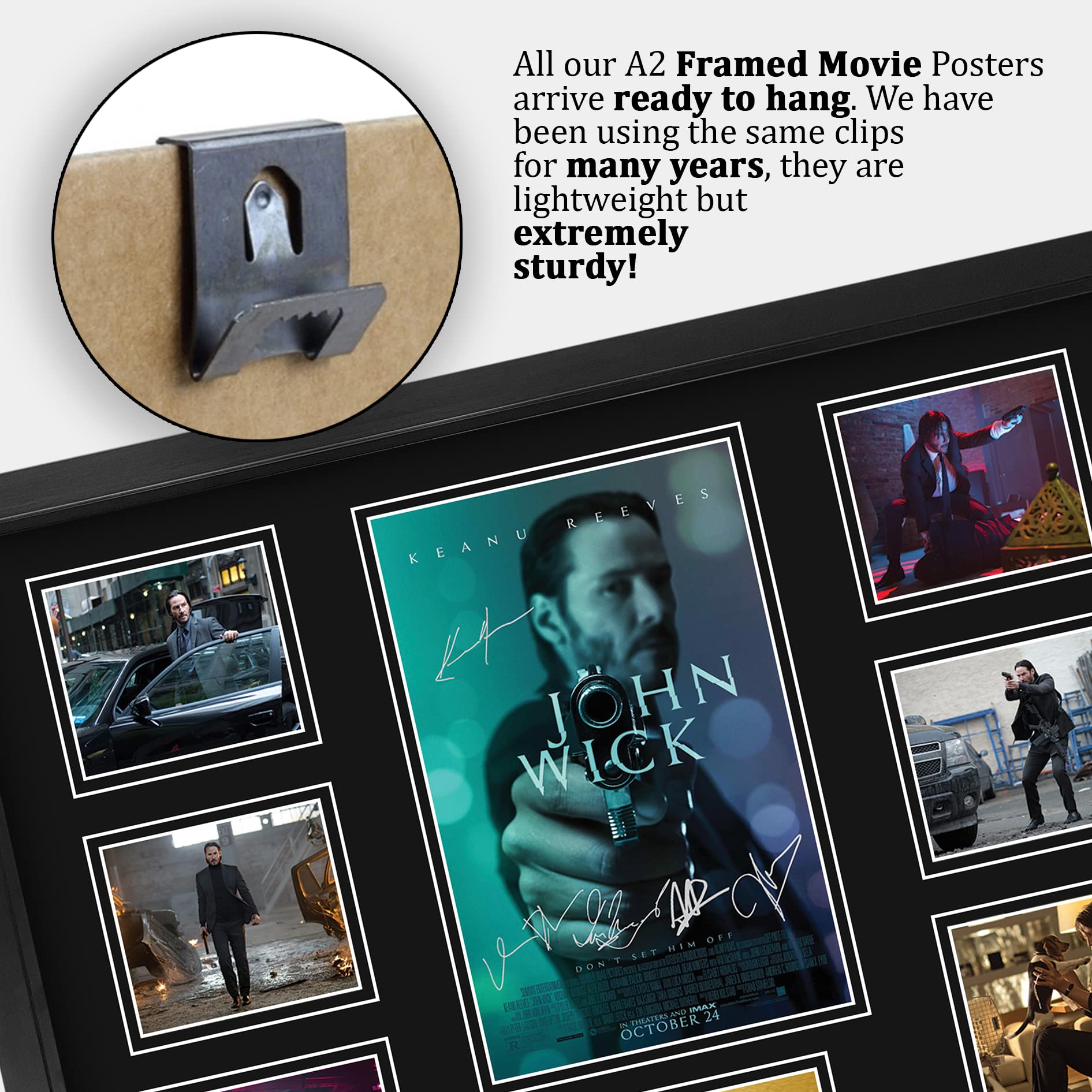 HWC Trading John Wick Cadeaux imprimés autographes signés, Montage d'affichage de présentation pour les fans de cinéma - A2 Encadré