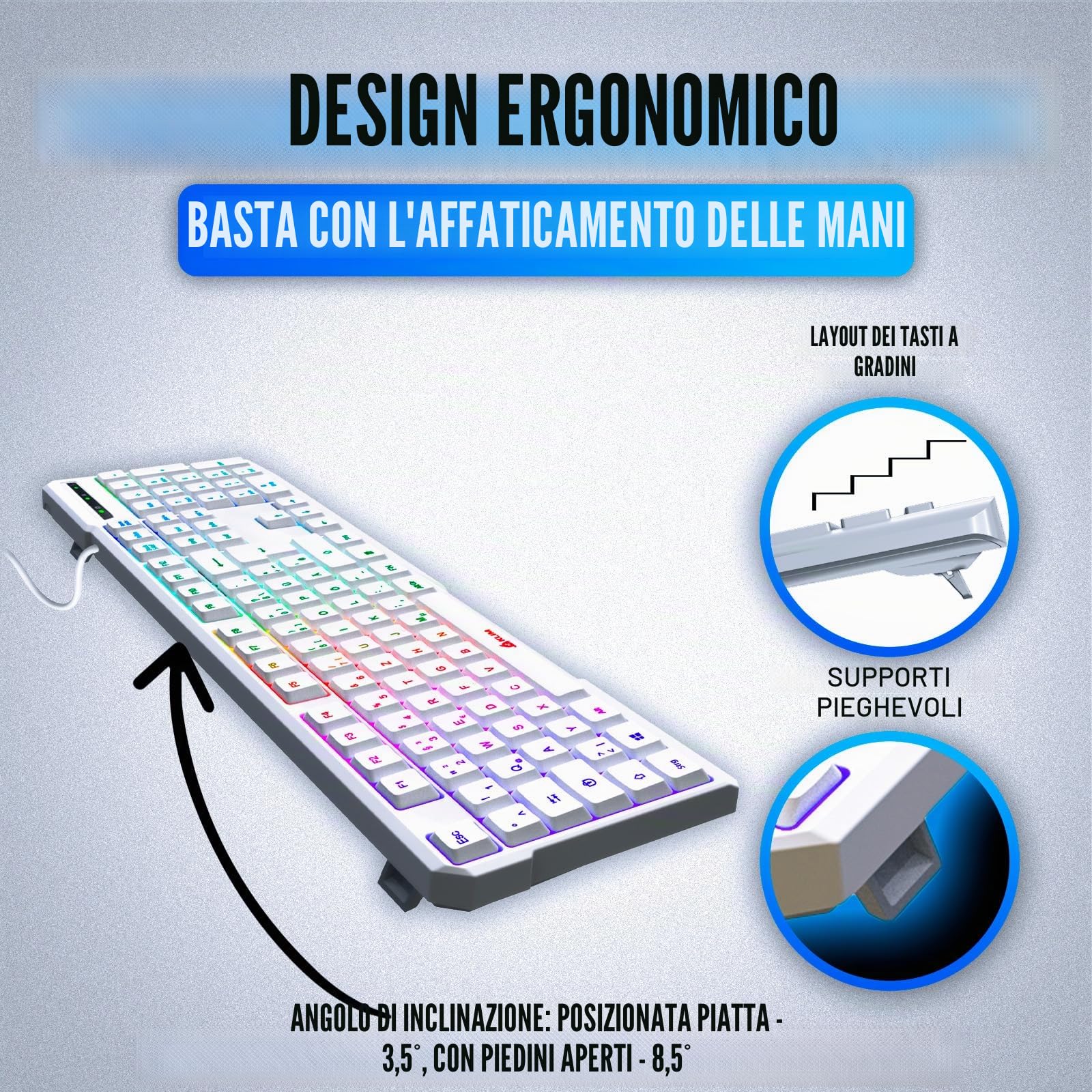 KLIM Chroma De Tastiera Qwertz Tedesco per Gaming USB | Colori da Videogioco e Retroilluminata, PC Console Windows - Bianca