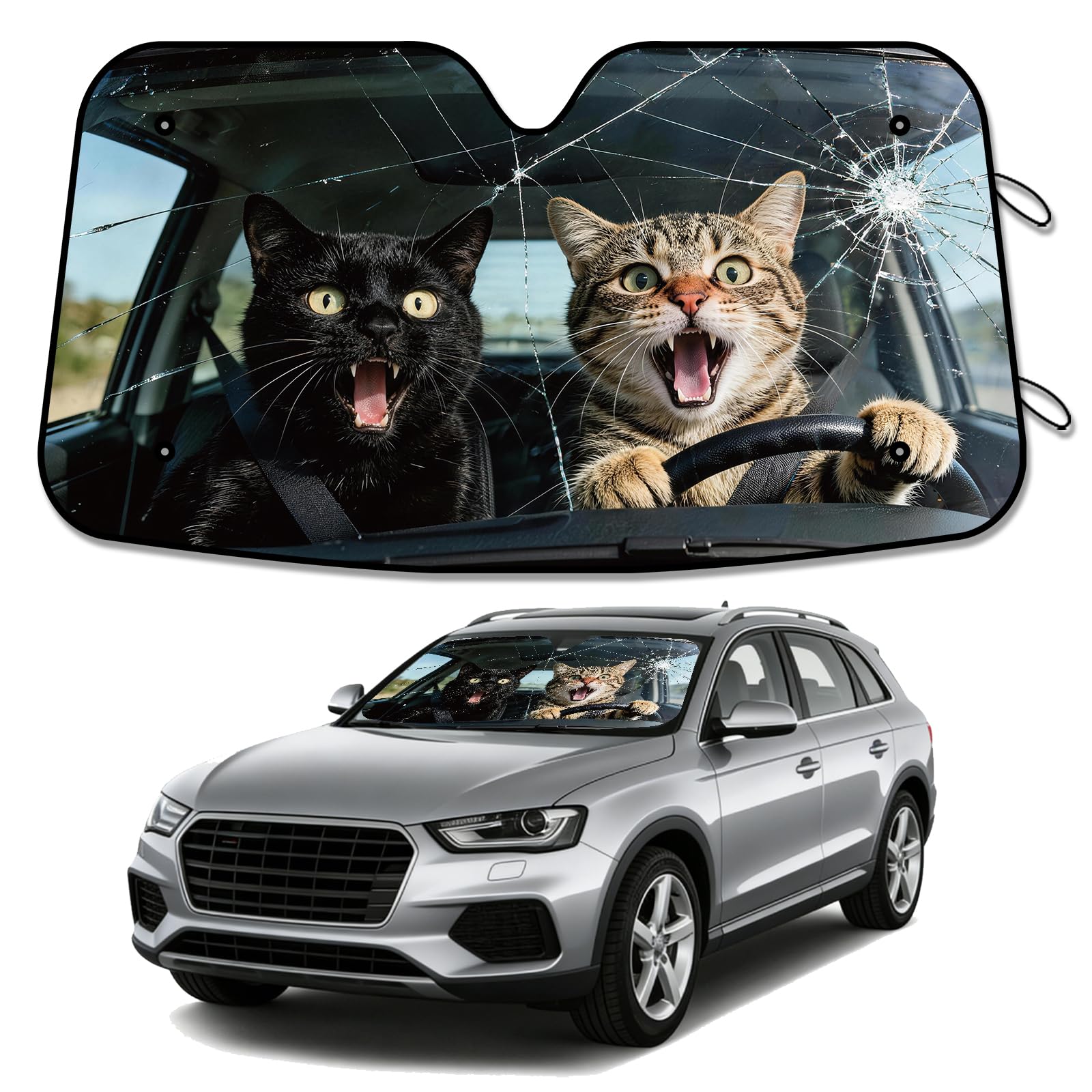 GLOBLELAND Parasol divertido de gato para parabrisas delantero del coche, protección solar para animales, bloquea el calor y la radiación UV, reflector para berlinas y modelos hatchback