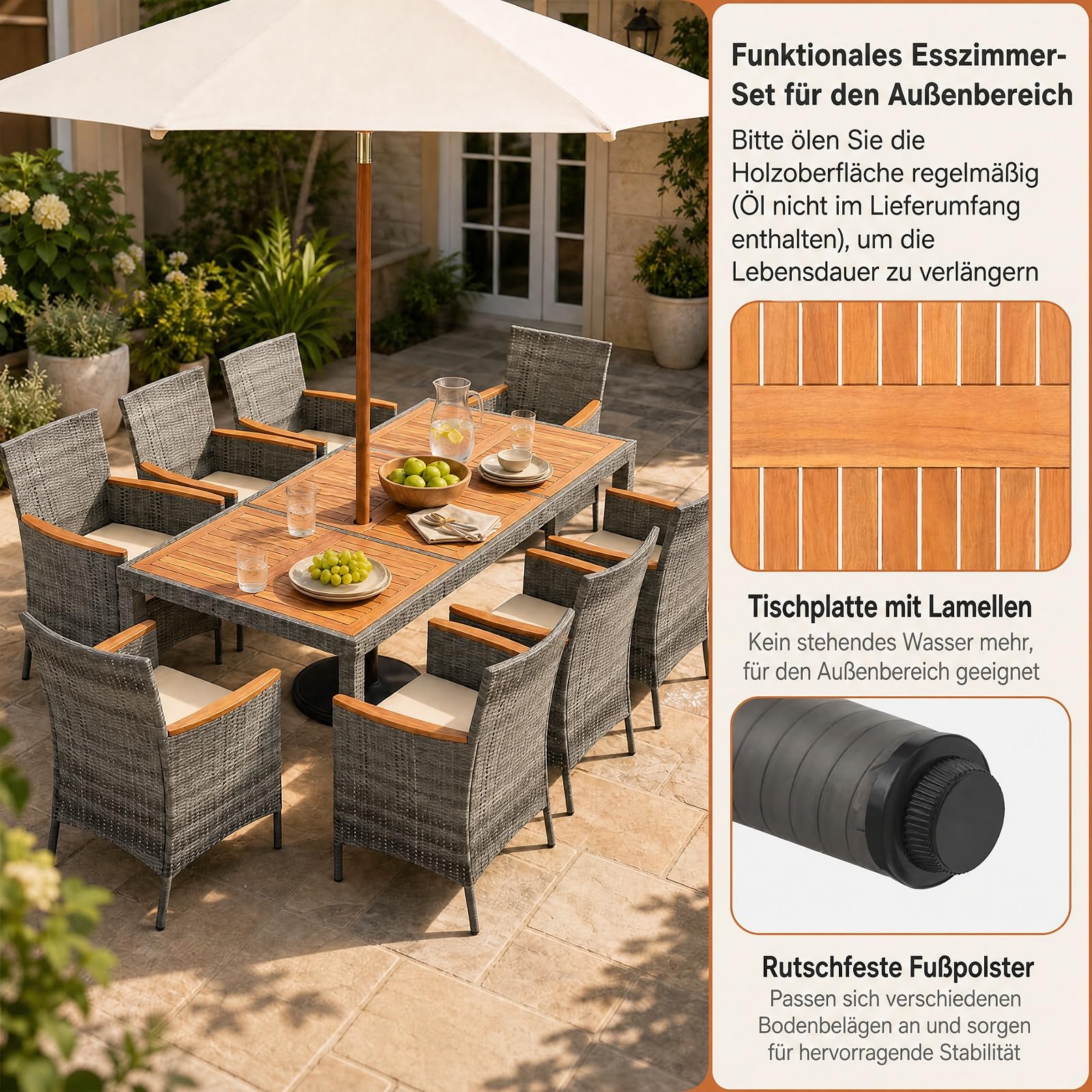 SOARS Salotto da Giardino Esterno, Set Mobili da Esterno in Rattan e Legno Massello con 8 Poltrone, Tavolo da Pranzo con Foro per Ombrellone da 5 cm e Cuscini Morbidi per Terrazzo, Bordo Piscina