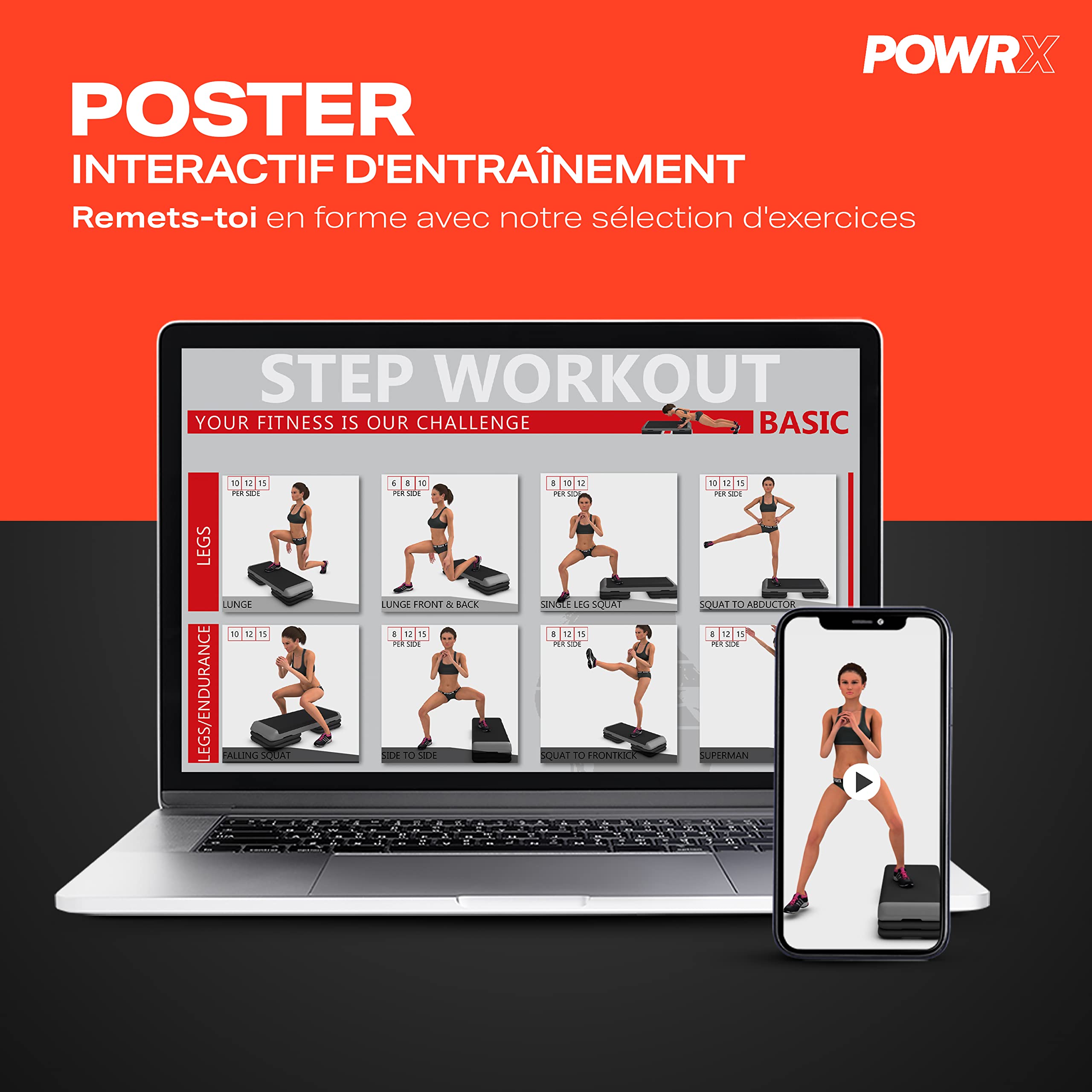 POWRX Step Aerobics Professional Fitness (89 x 34 cm) - Stepper d'entraînement à domicile ou en salle de sport - Hauteur réglable et surface antidérapante