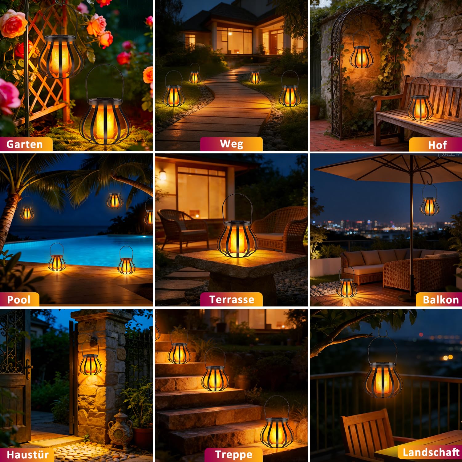 2 lanterne solari con effetto fiamma reale per esterni, IP65, impermeabili, per giardino, balcone, terrazza e cortile con sensore crepuscolare automatico, decorazione da giardino, Senza gancio e base