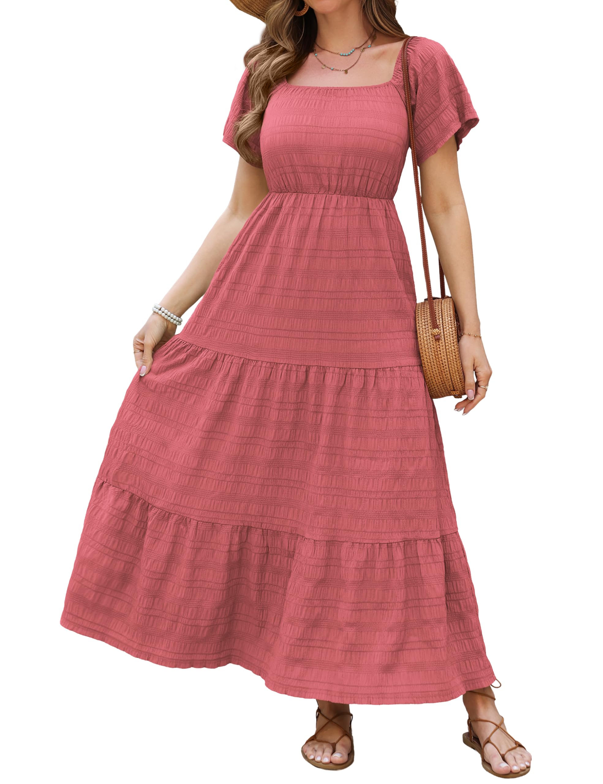 VERABENDI Women's Off Shoulder Summer Casual Long Ruffle Beach Maxi Dress with Pockets