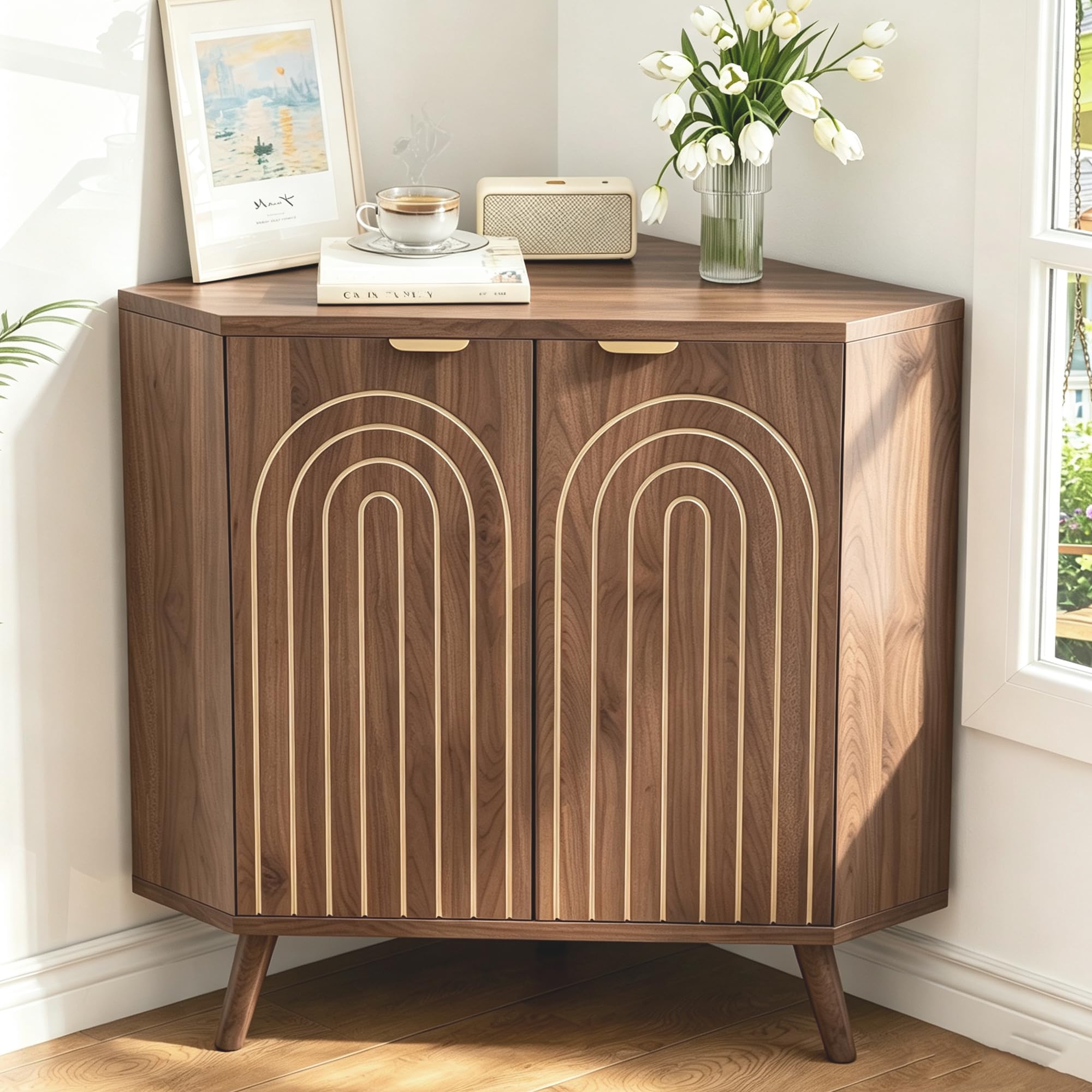 Small Corner Cabinet, Mid Century Modern Floor Storage Cabinet with Curved Doors and Shelf, Wooden Fluted Freestanding Narrow Storage Organizer for Living Room, Kitchen, Dining Room, Entryway, Walnut
