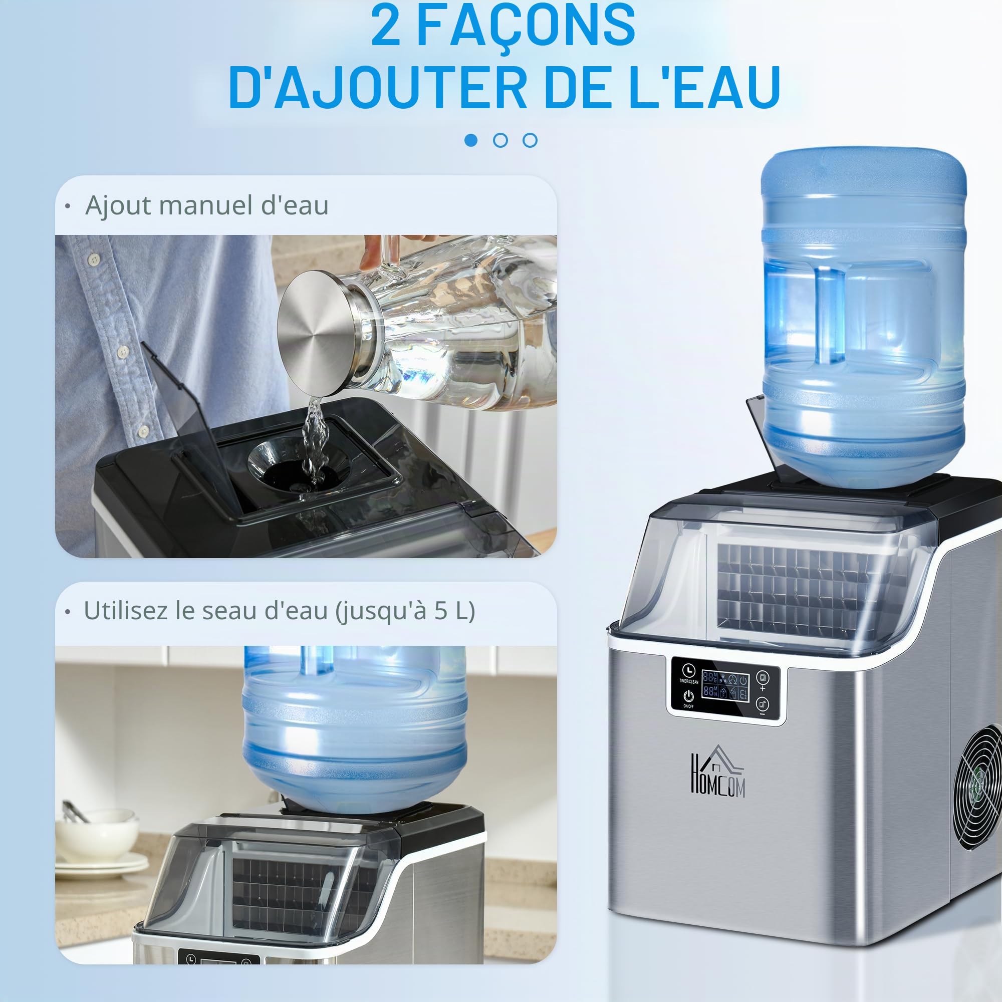 HOMCOM Machine à glaçons, Ice Maker en acier inoxydable 24 glaçons en 14-18 min., 20kg/24h, réservoir d'eau de 3,2L, préparateur de glaçons autonettoyant avec 2 types de remplissage d'eau, pour